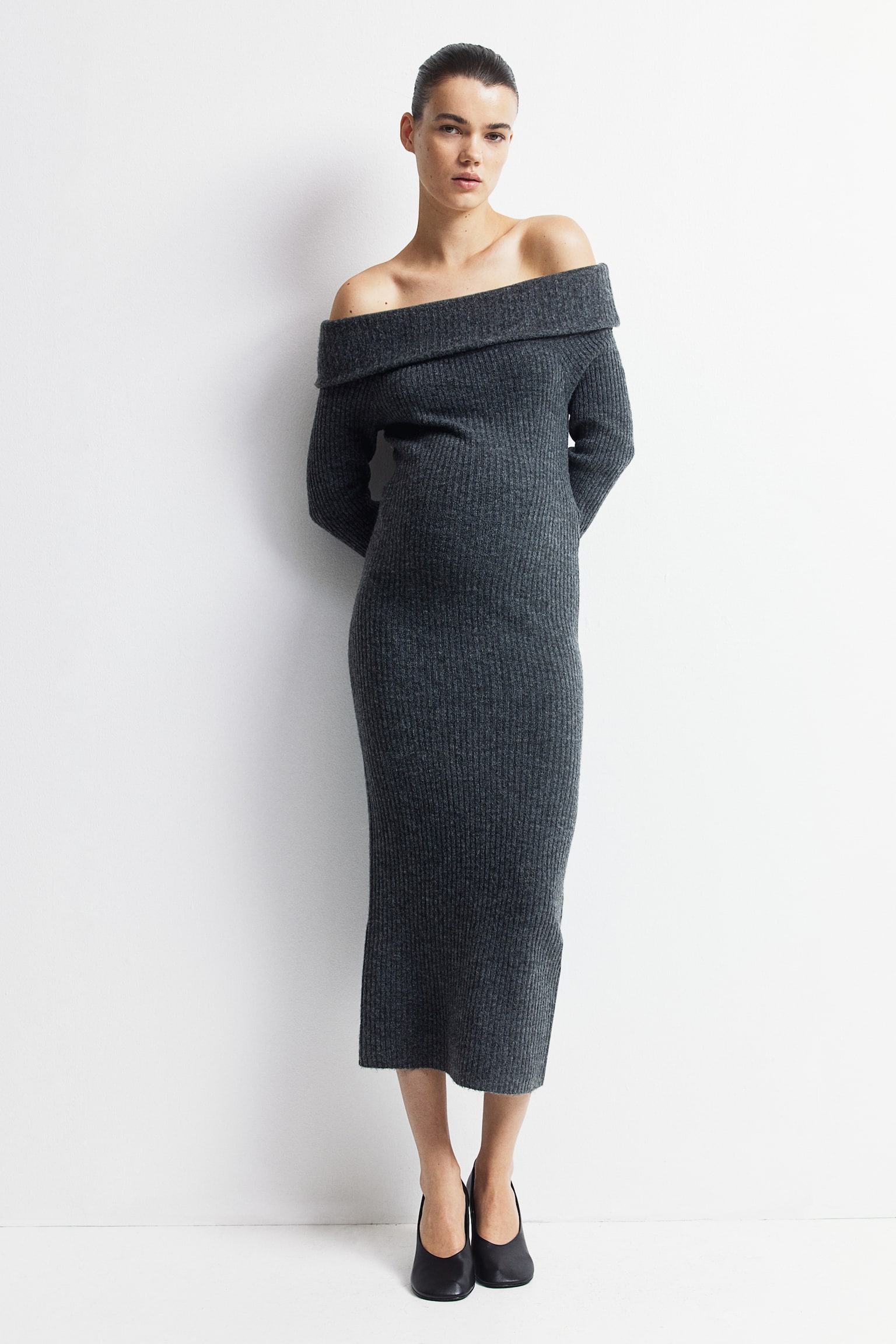 MAMA Rib-knit off-the-shoulder dress - Dark grey marl/Light beige marl - 5