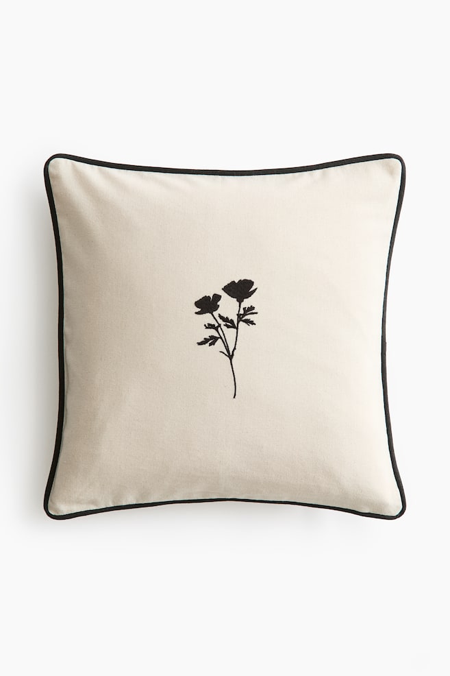 Embroidered-Motif Cotton Cushion Cover - Light beige/flower/Dark beige/flower - 1