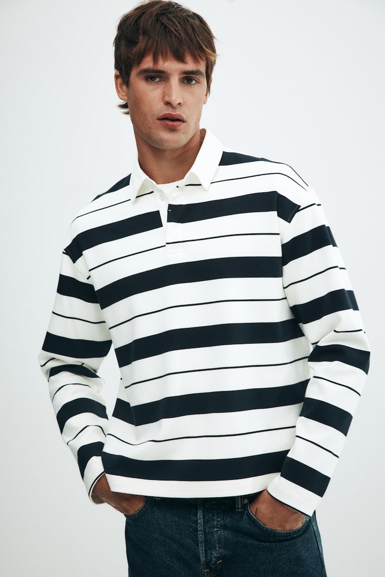 Polo de rugby Loose Fit - Blanc/rayures bleu marine - HOMME | H&M FR