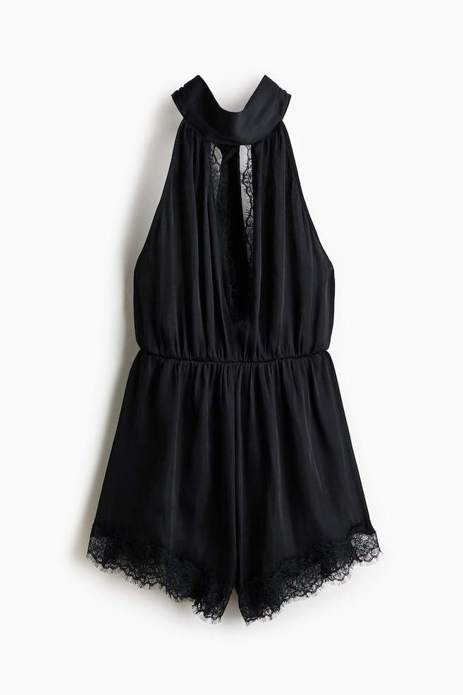 Lace-trimmed halterneck playsuit - Black/Rust red - 1