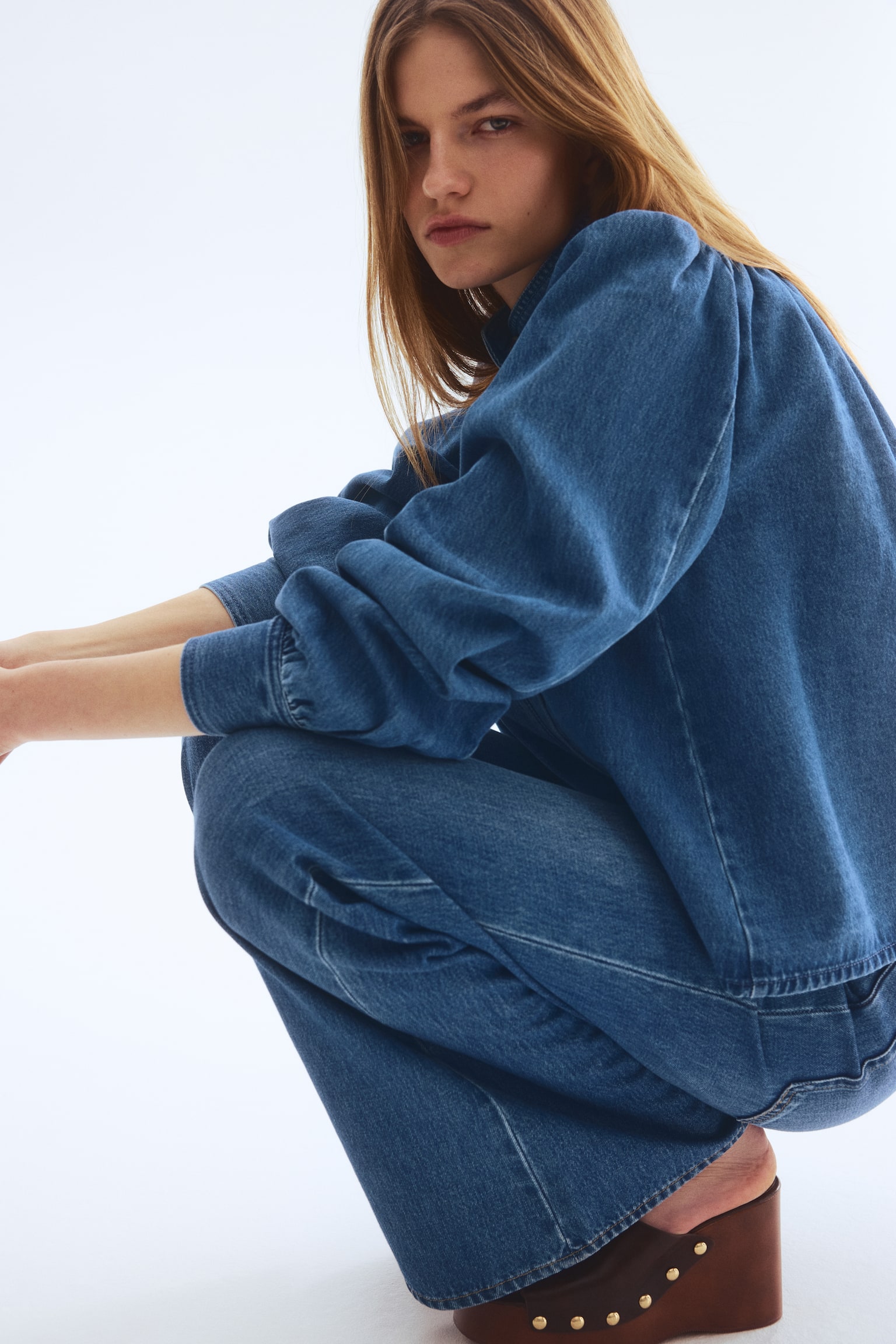 Puff-sleeved twill jacket - Denim blue/Dark brown/Beige - 5