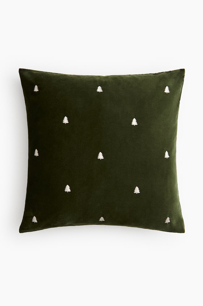 Embroidered-Motif Cushion Cover - Dark green/evergreen trees/Red/reindeer - 1