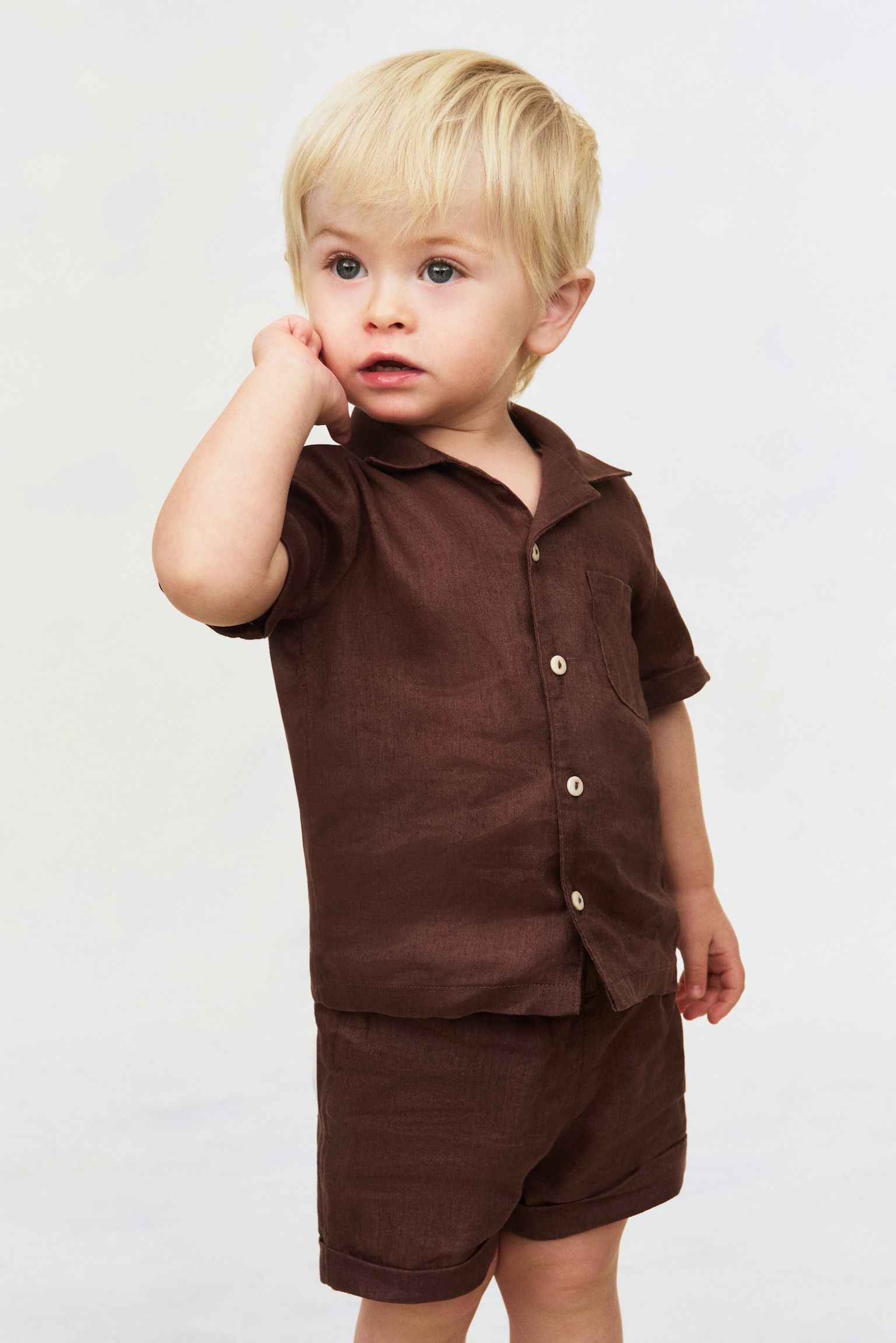 2-piece linen set - Brown/Light beige - 2