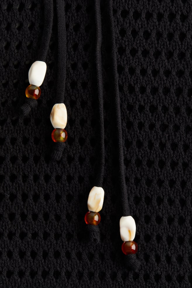 Beaded-tie-detail hole-knit dress - Black - 3