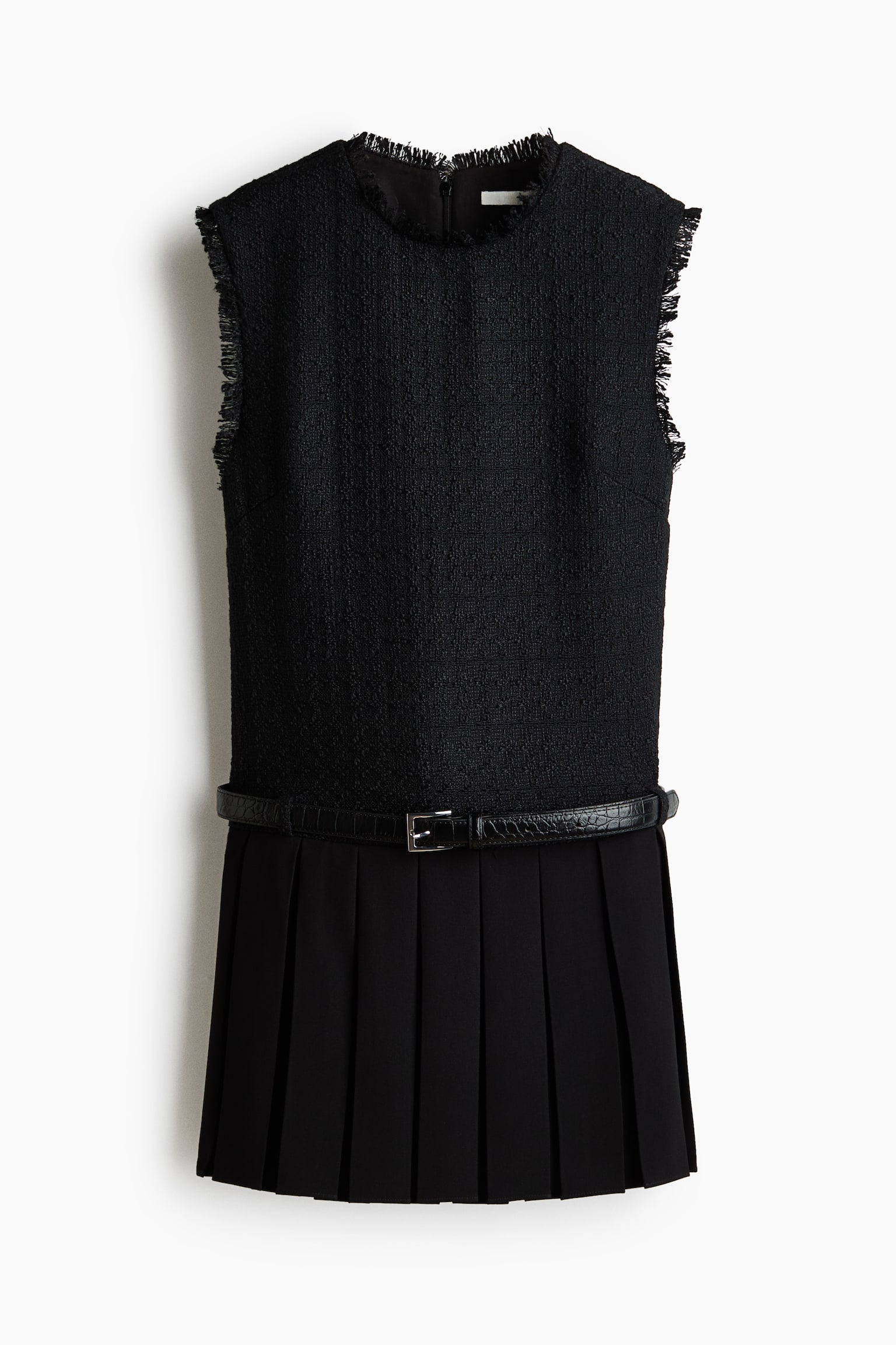 Belted Bouclé Dress - Black - 1
