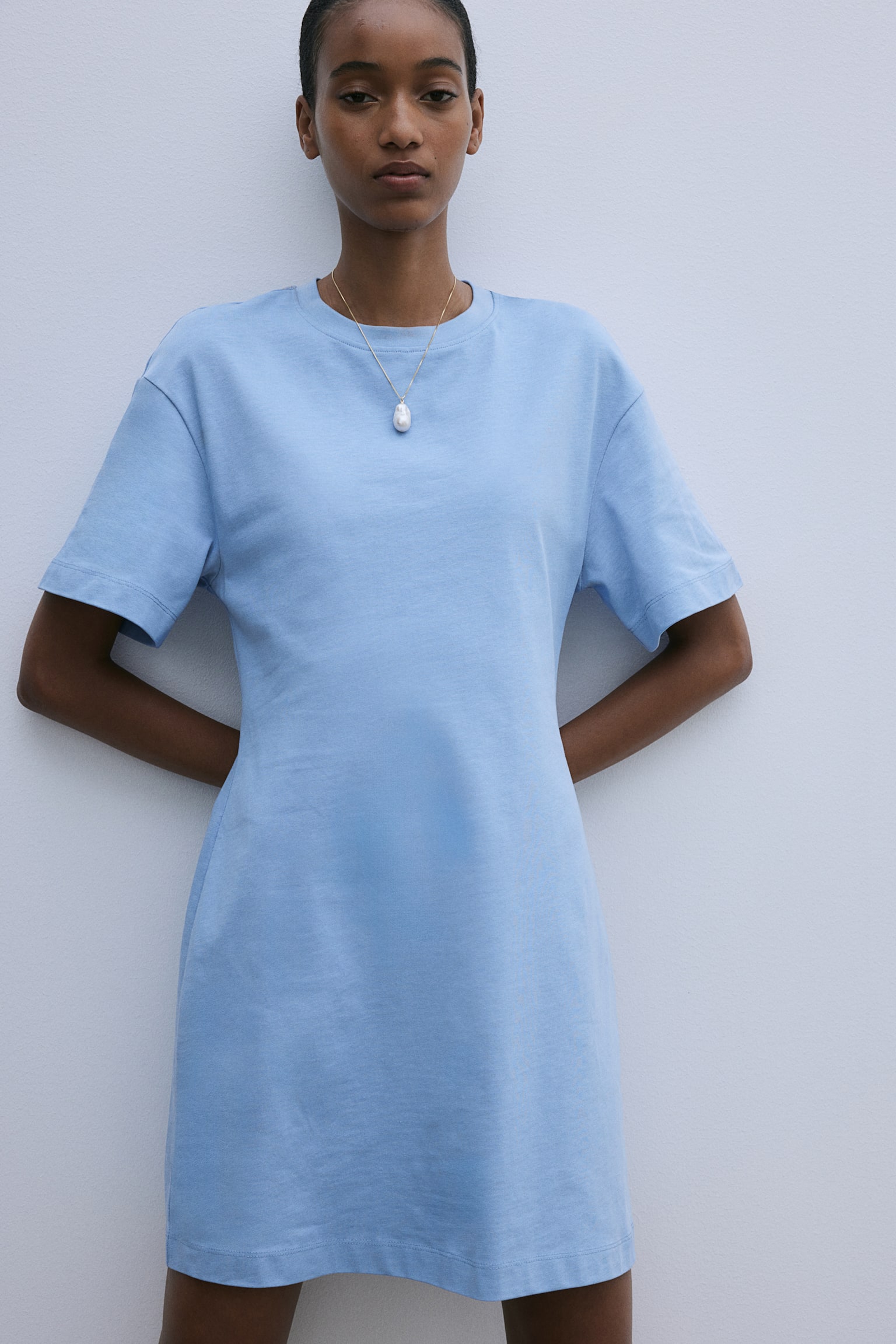 Waisted T-shirt dress - Light blue/White/Black - 1