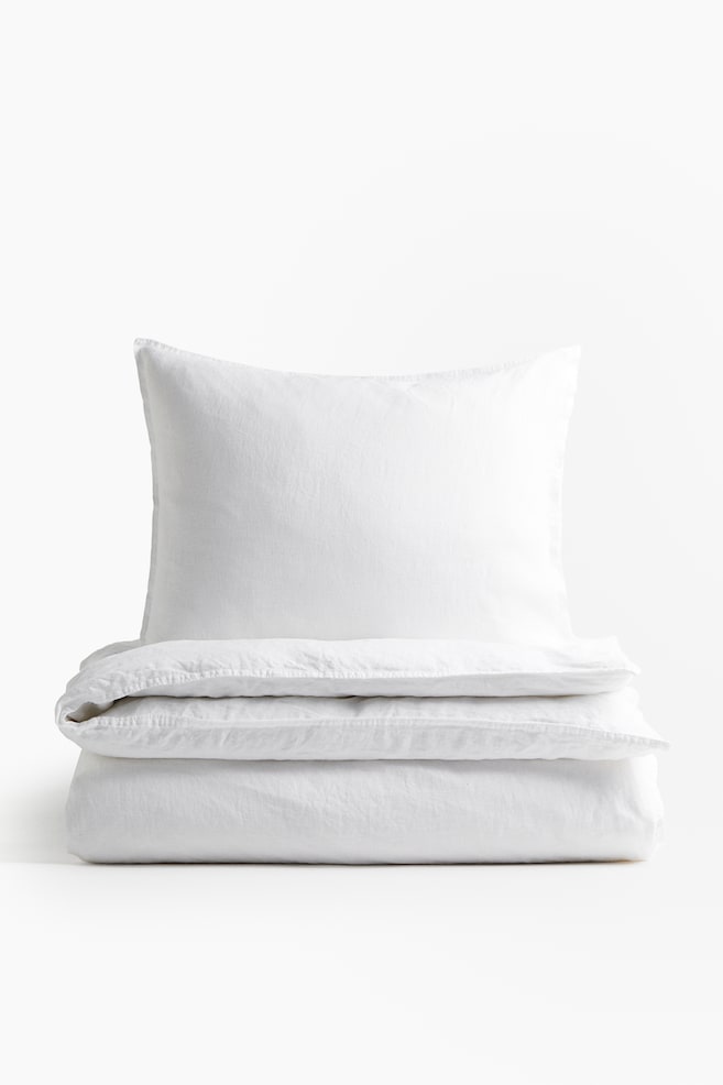 Linen Twin Duvet Cover Set - White/Beige - 1