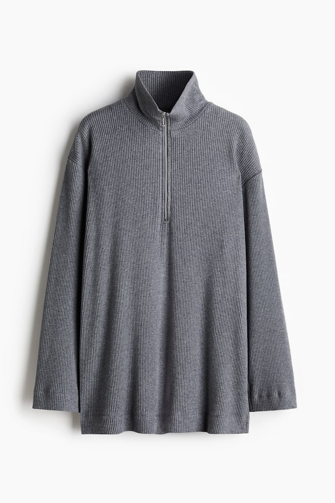 Ribbed zip-top top - Grey marl/Black - 1