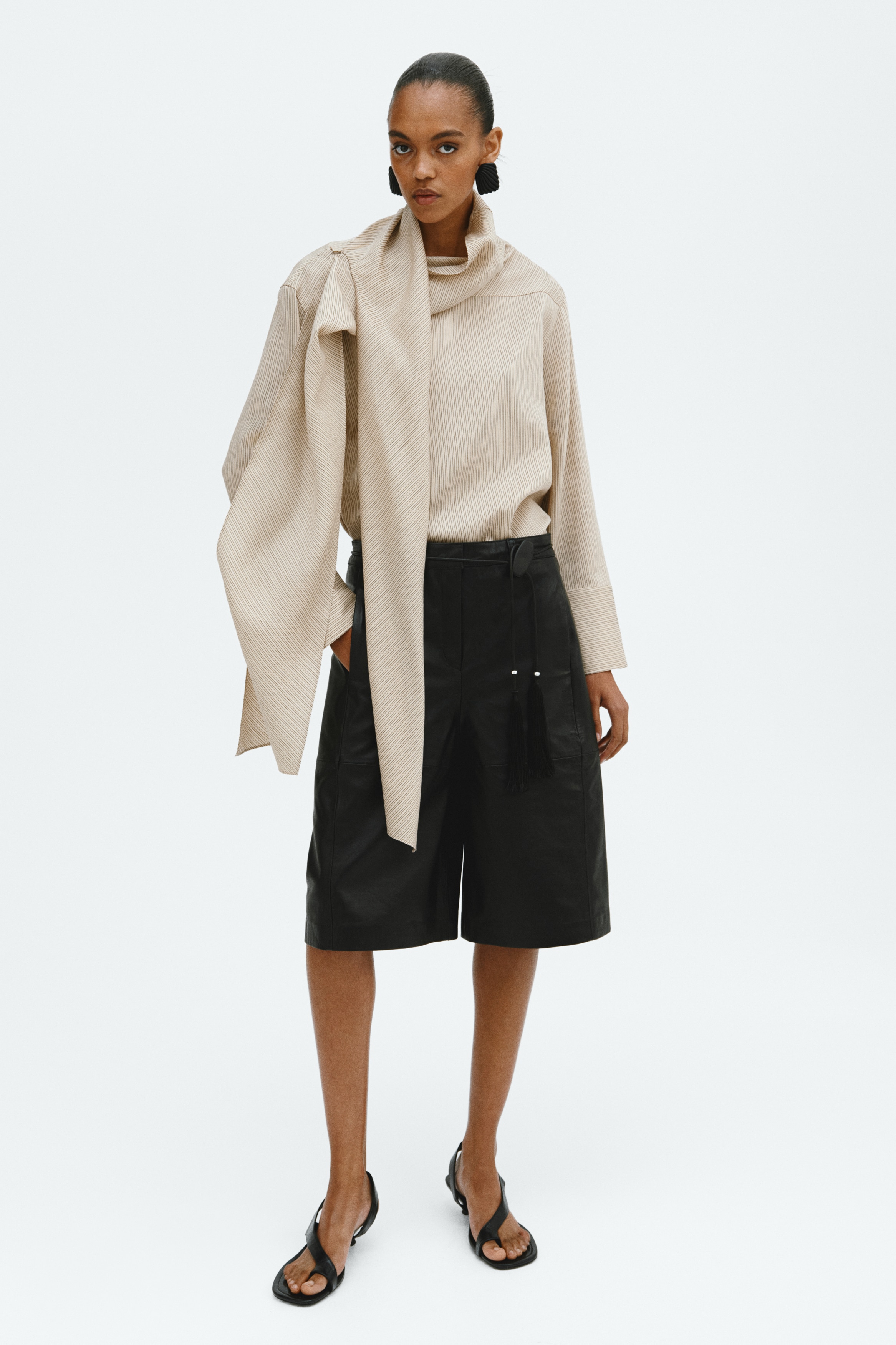 Bluza od mešavine lana sa šal-kragnom - Bež/pruge