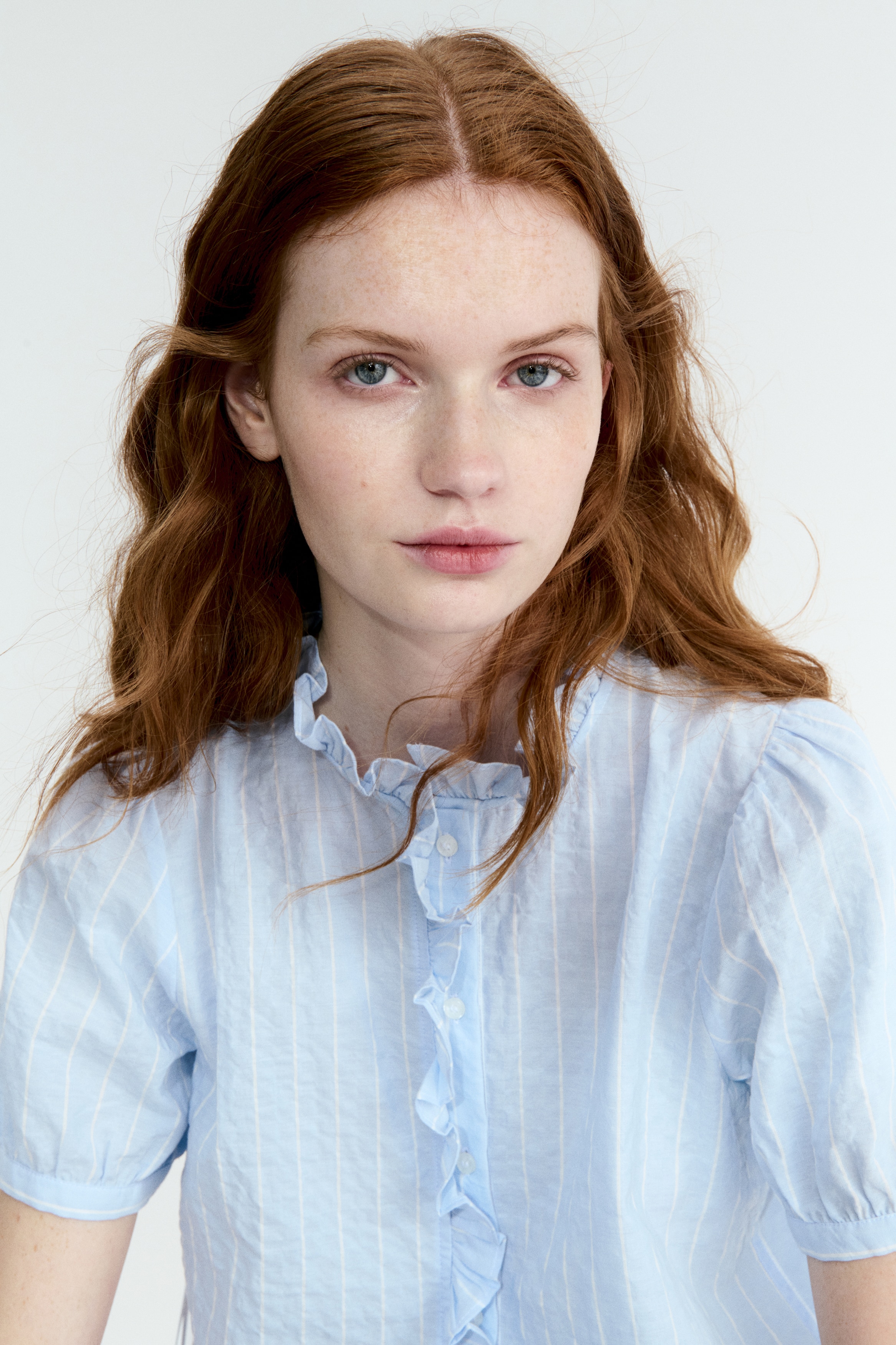 Ruffle-Trimmed Cotton Blouse - Light blue/striped/White