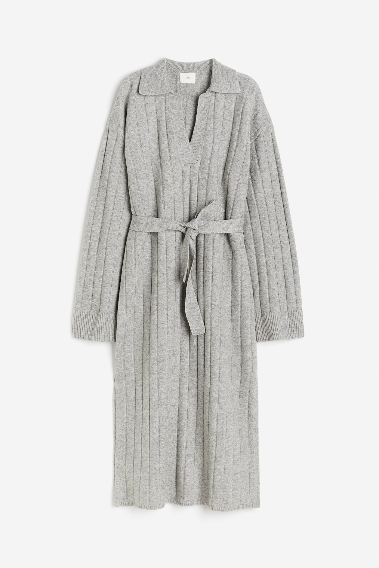 Rib-knit collared dress - Long sleeve - Midi - Grey marl - Ladies