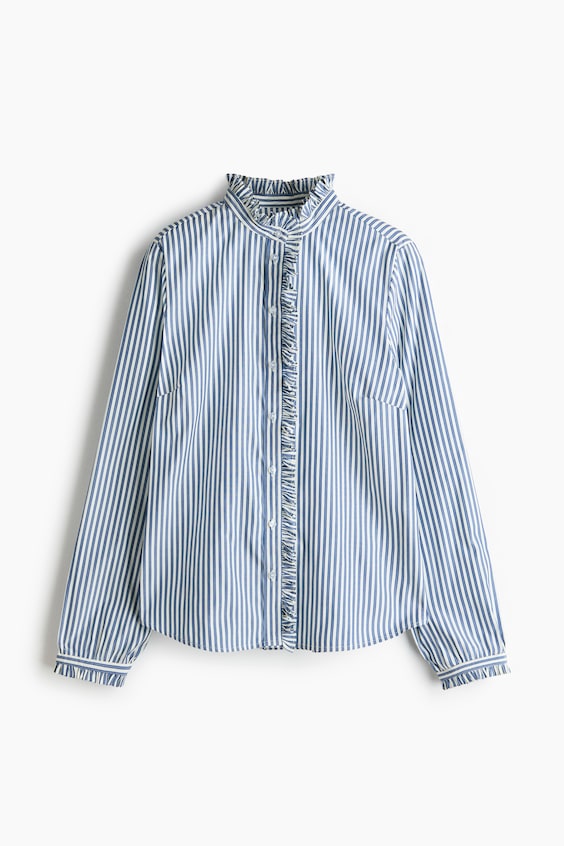Женская блузка H&M Ruffle-Trimmed Button-Front, цвет: Синий / Белый полосатый