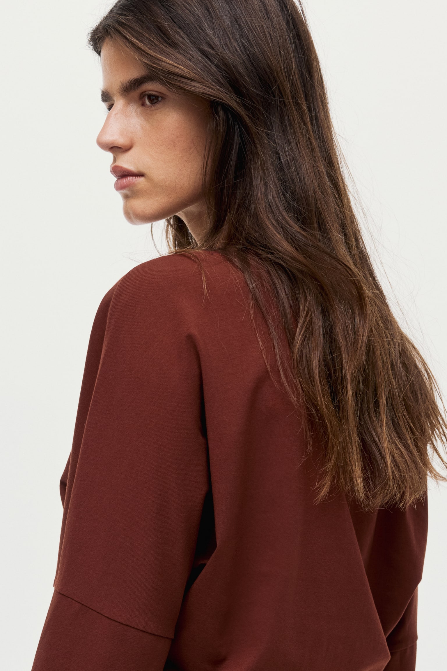 Long-sleeved cotton top - Rust brown/Light dusty beige/Black - 4