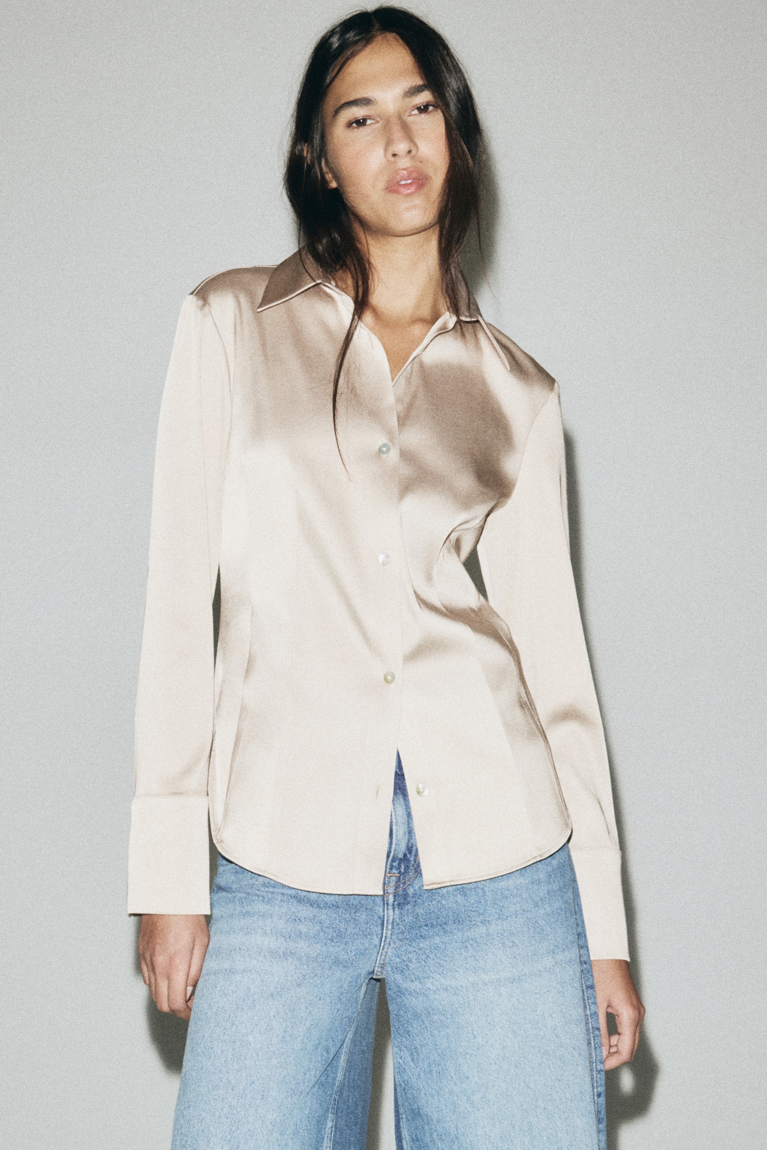 Fitted twill shirt - Beige/Black - 4