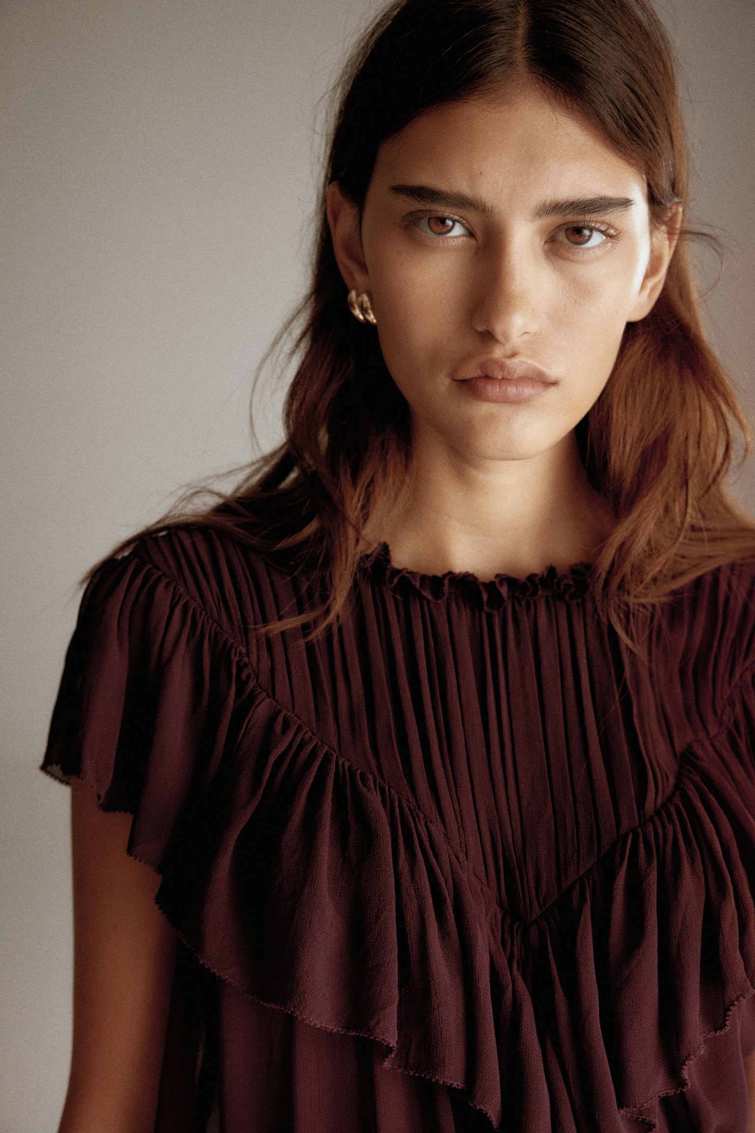 Flounced viscose blouse - Burgundy/Olive green/Beige/Light beige - 3