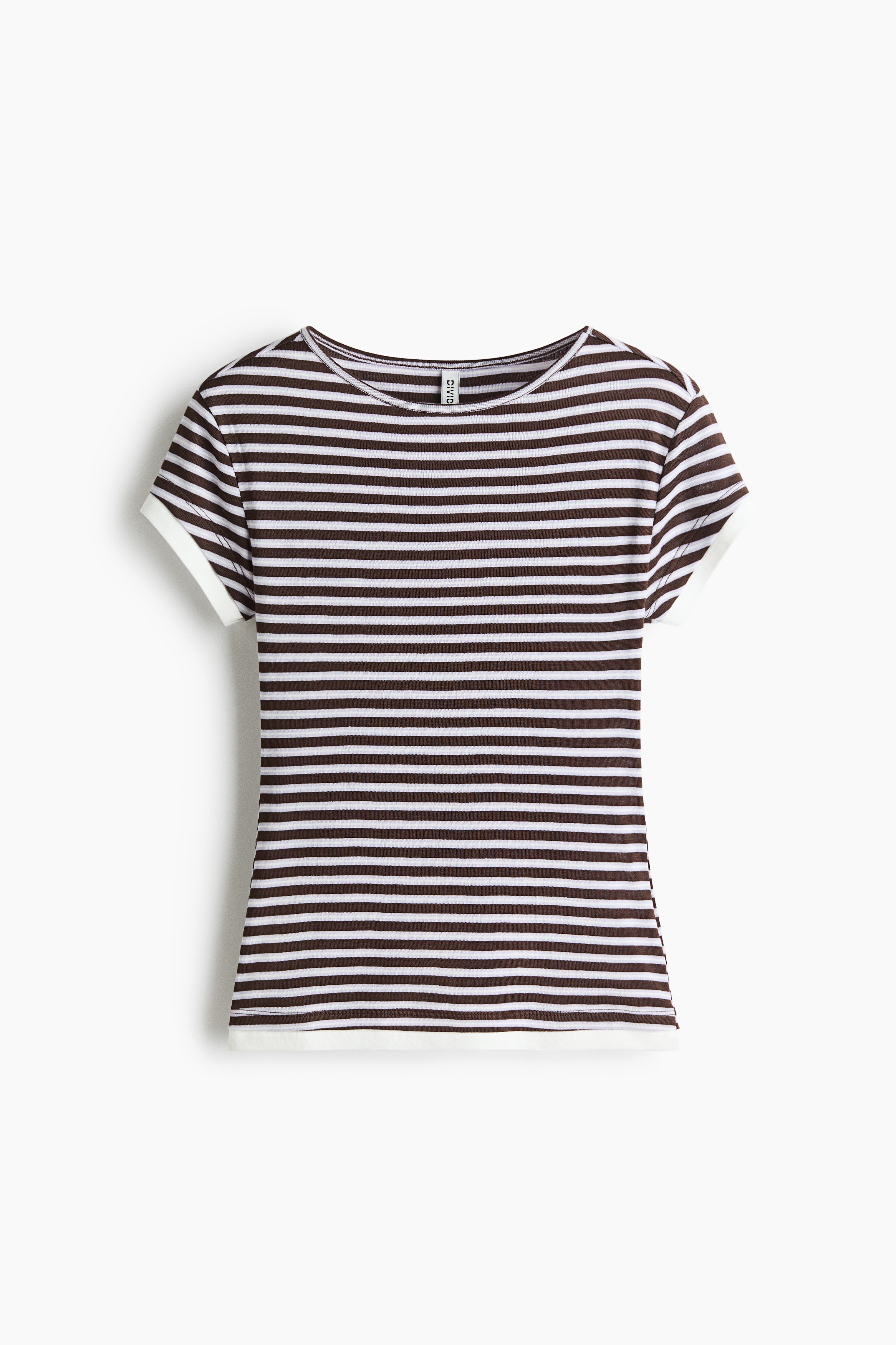 A short-sleeved, fitted T-shirt with dark brown and light purple horizontal stripes is being worn by the model, who is crossing their arms. The tee features a round neckline and contrasting white trim on the sleeve cuffs.