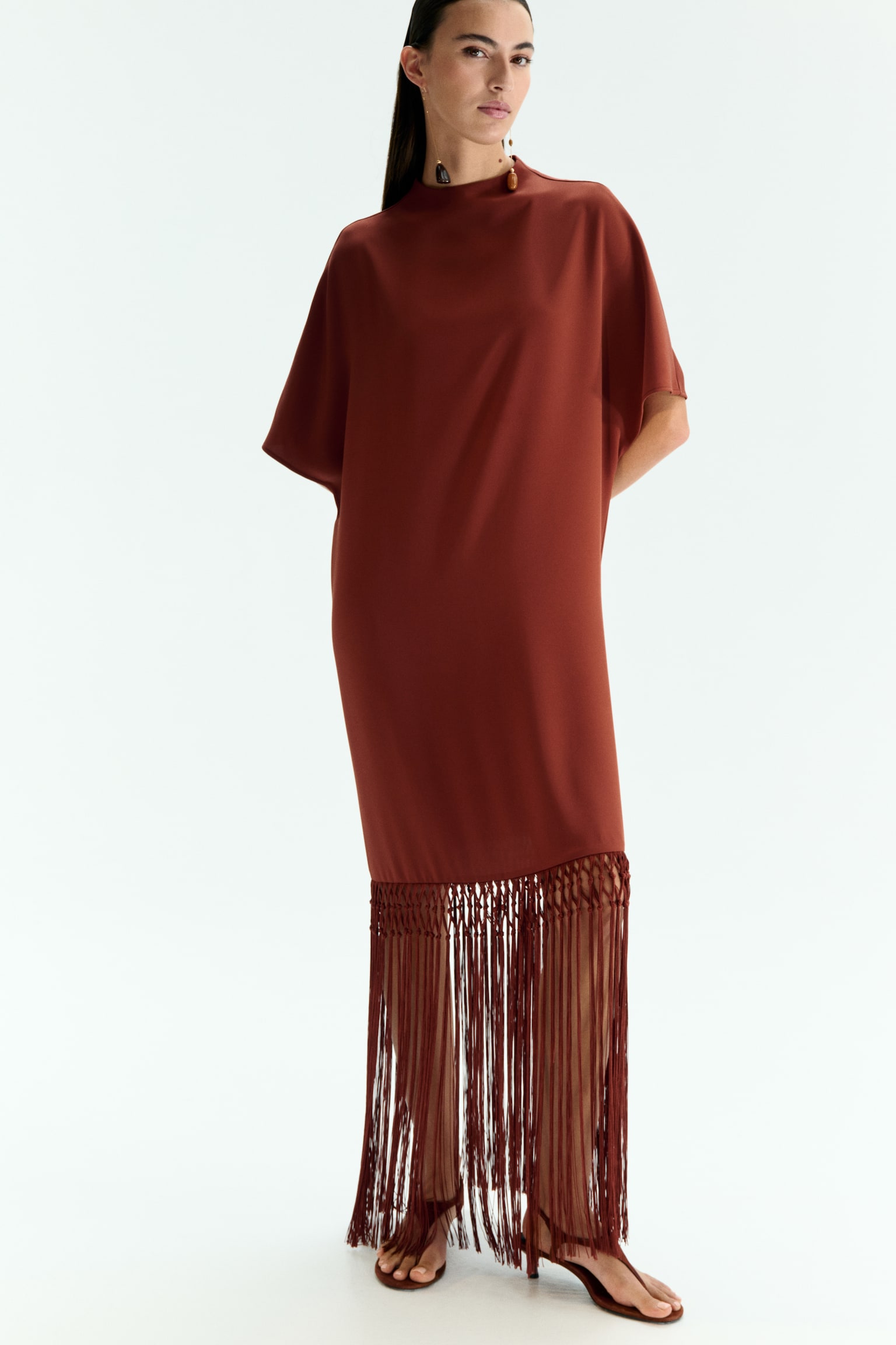 Fringe-trimmed dress - Rust red - 5