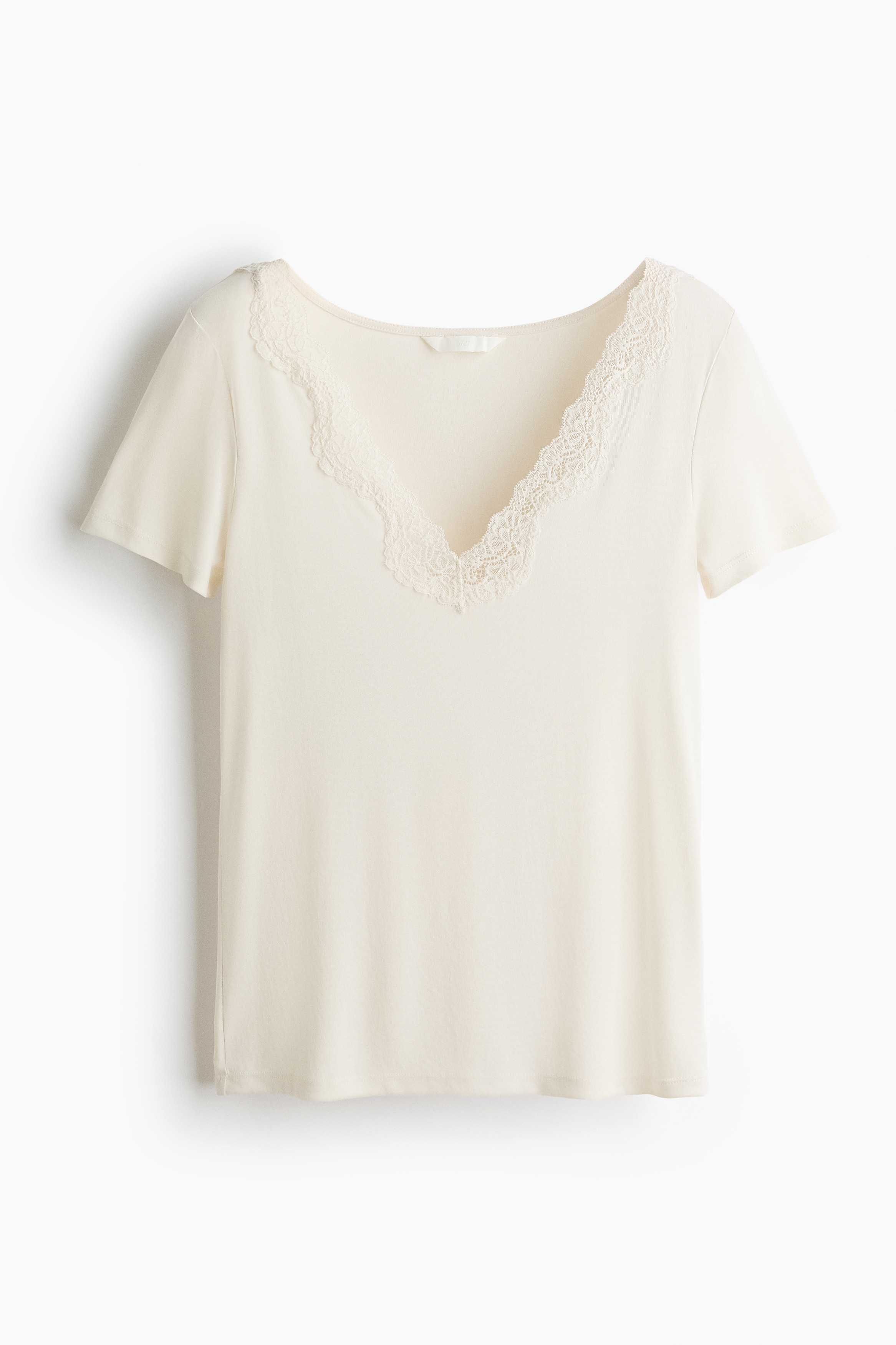 Short-sleeved lace-trimmed top - Cream/Black/Dark brown