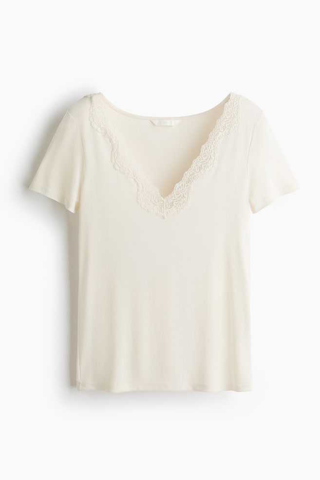 Short-sleeved lace-trimmed top - Cream/Black/Dark brown - 1
