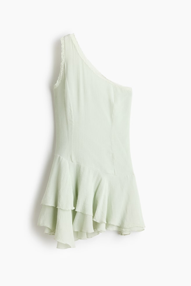 One-Shoulder-Kleid mit Volant - Helles Mattgrün/Cremefarben - 1