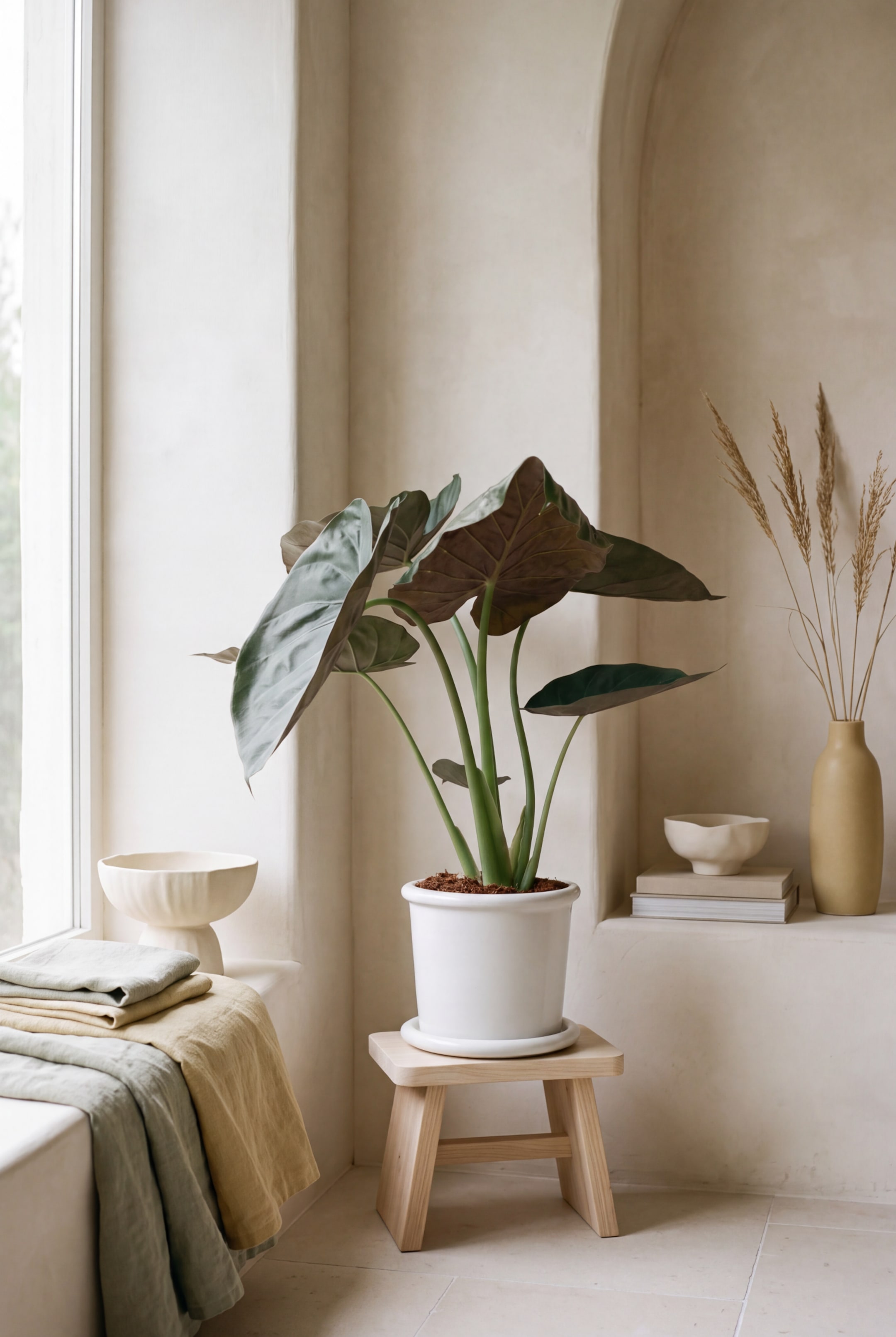 Ver imagen más grande: Una planta de Alocasia con grandes hojas de color verde oscuro en forma de corazón y el envés rojizo púrpura crece en una maceta de cerámica blanca con un plato a juego. La planta en maceta descansa sobre un pequeño taburete de madera de color claro, mostrando sus tallos verdes erguidos y su frondoso follaje.