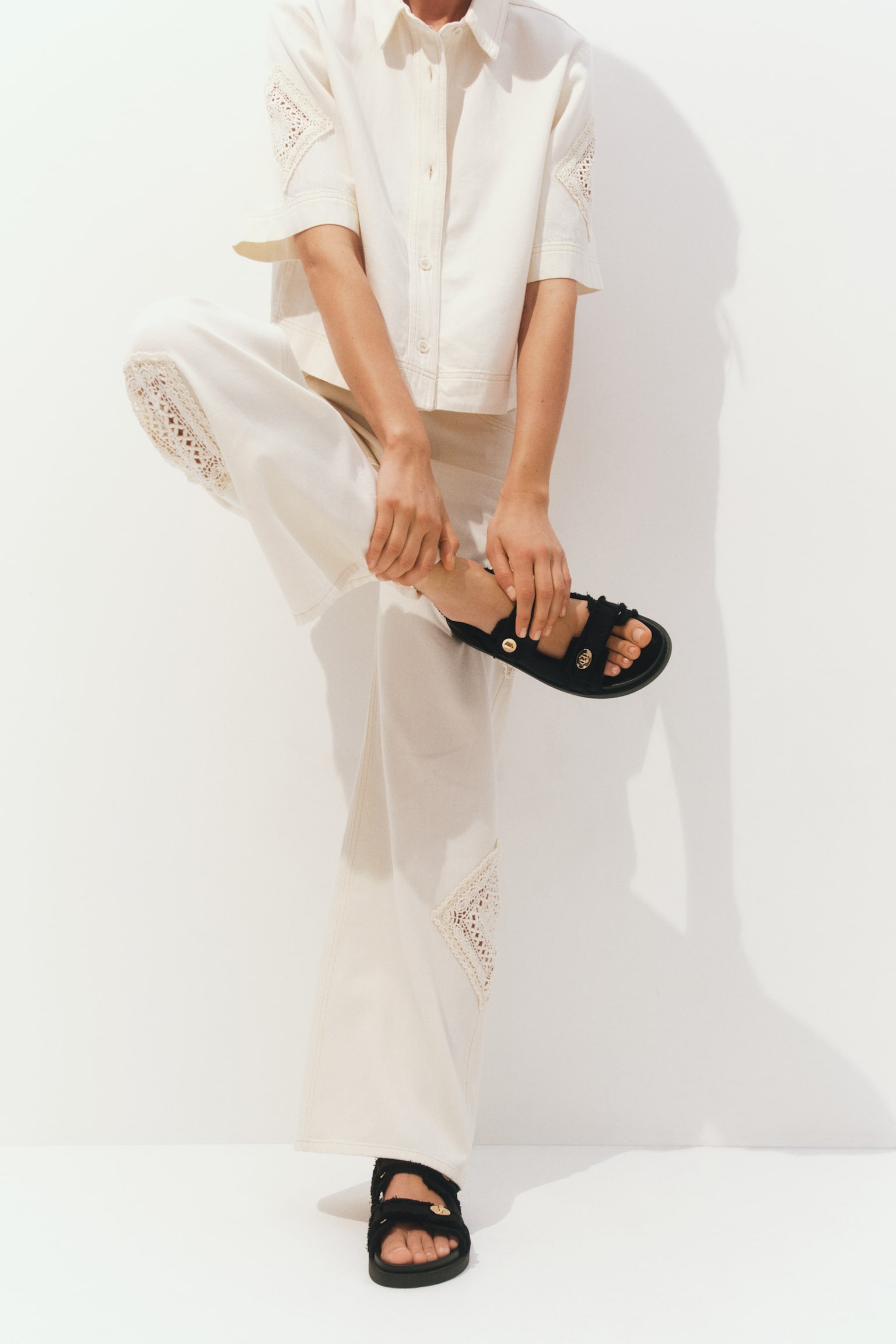 Cotton twill sandals - Black/Light beige - 3