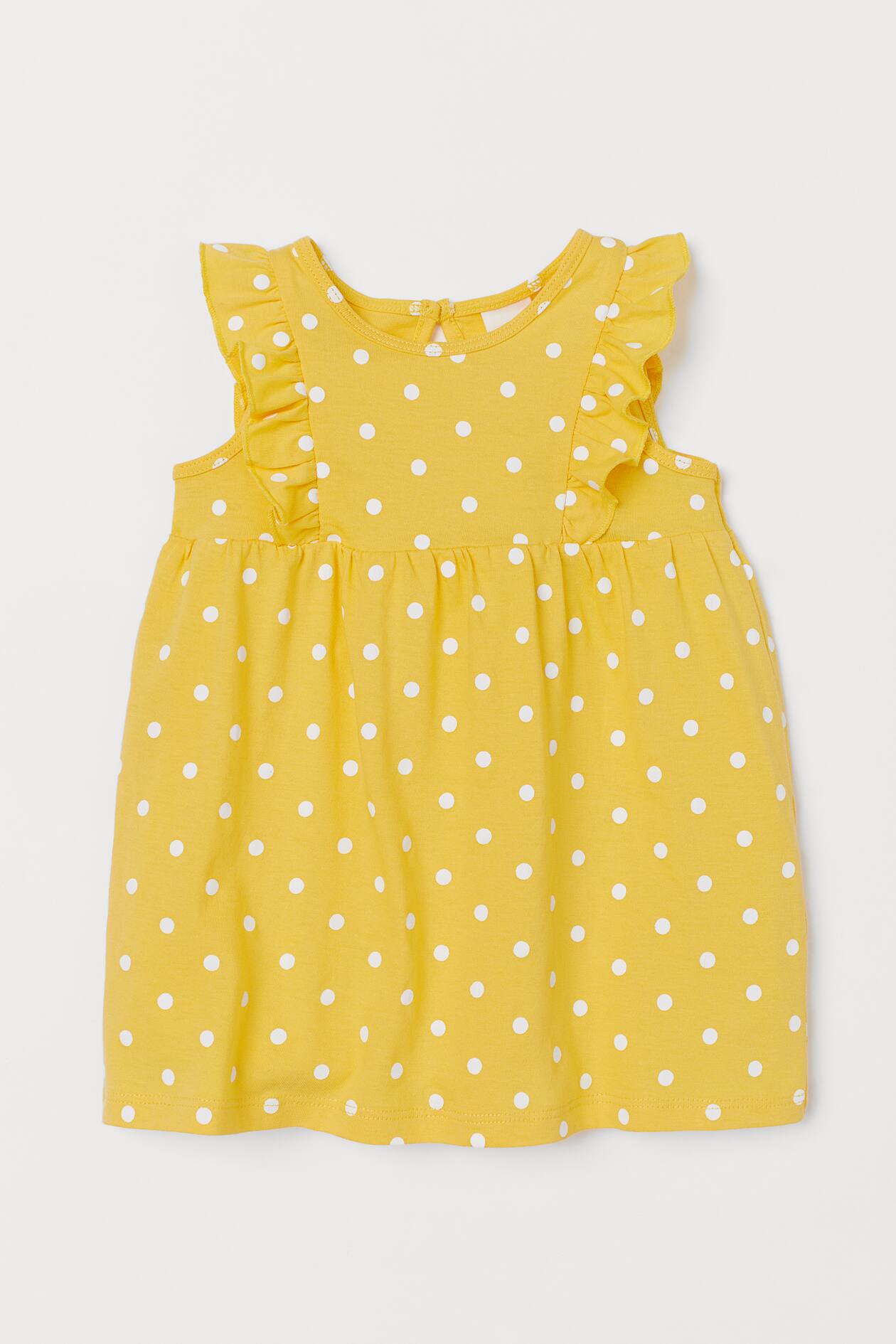 Flounce-trimmed cotton dress - Round neck - Sleeveless - Yellow/Spotted ...