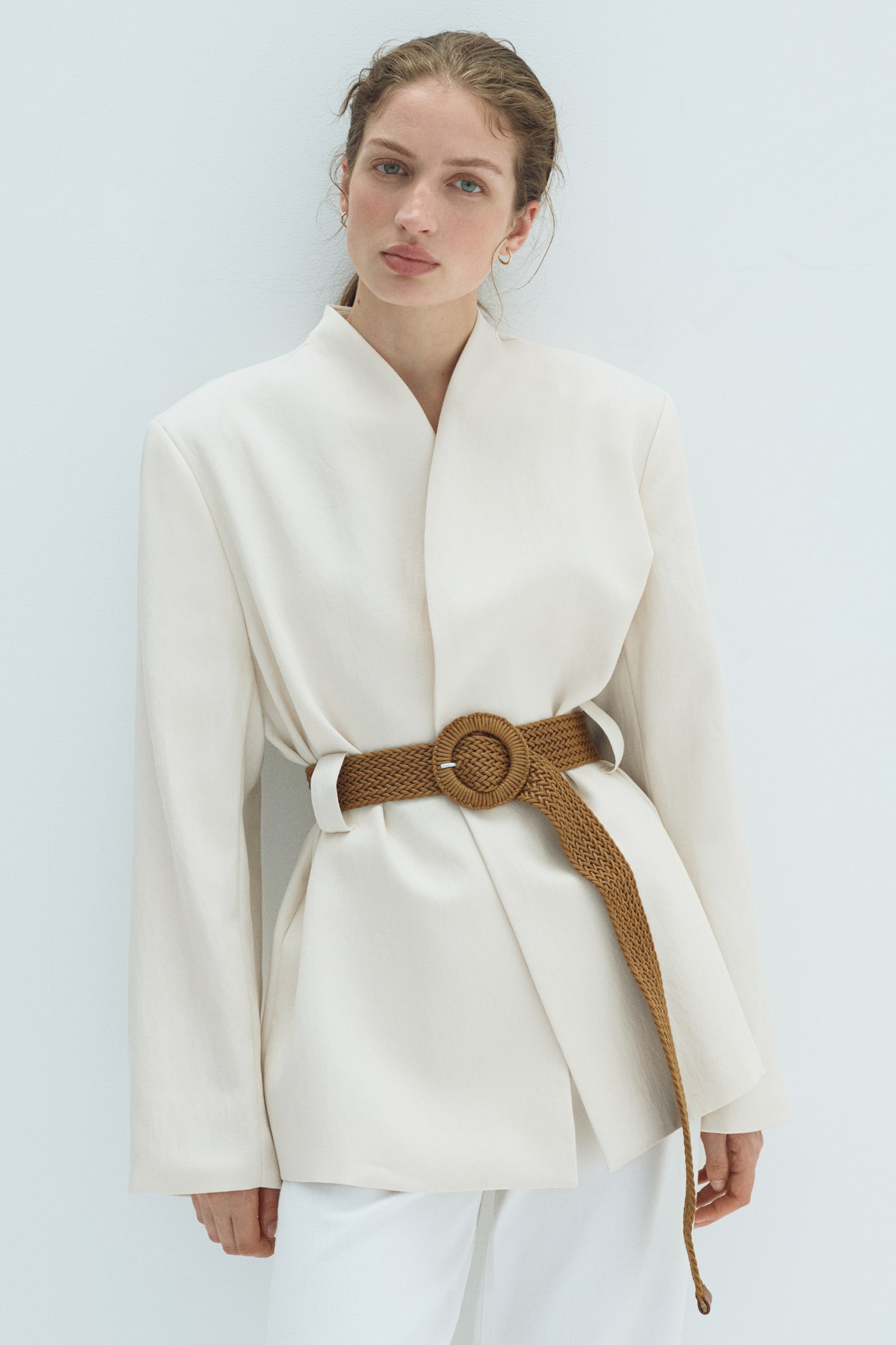 Belted lapelless blazer - 1