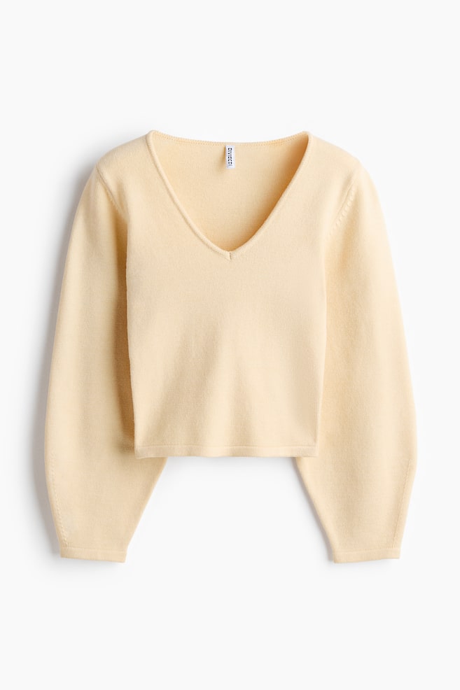 Pullover a V in maglia fine - Giallo chiaro/Crema - 1
