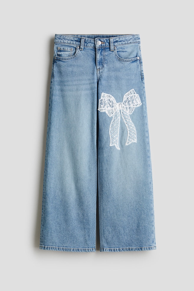 Relaxed Wide Leg Jeans - Denim blue/Bow/Light denim blue/Light grey/Rhinestones - 1