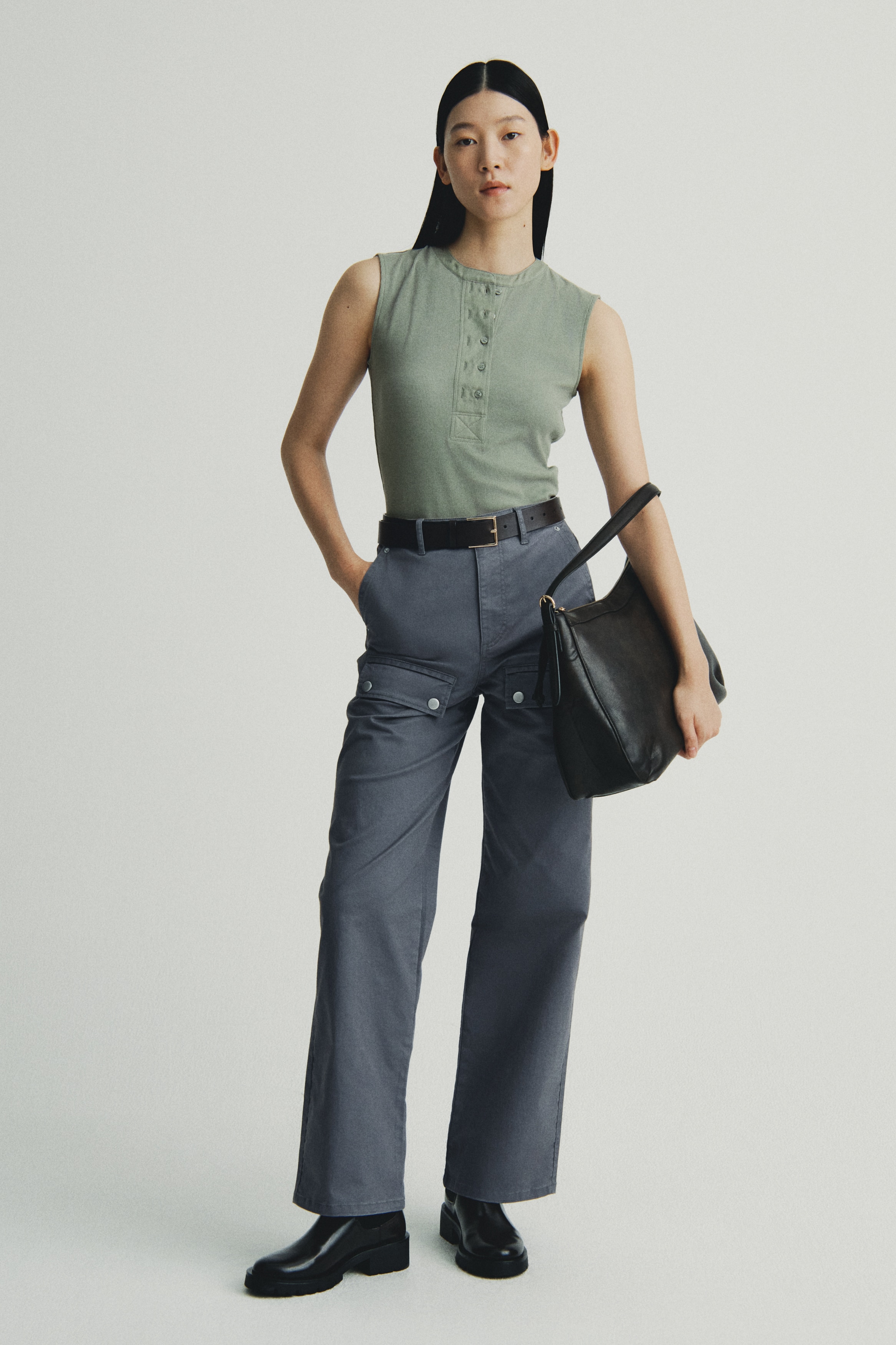 Ribbed vest top - Light khaki green/Grey marl
