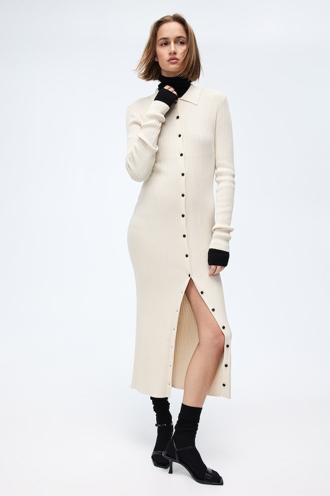 Rib-knit button-front dress - Cream - 1