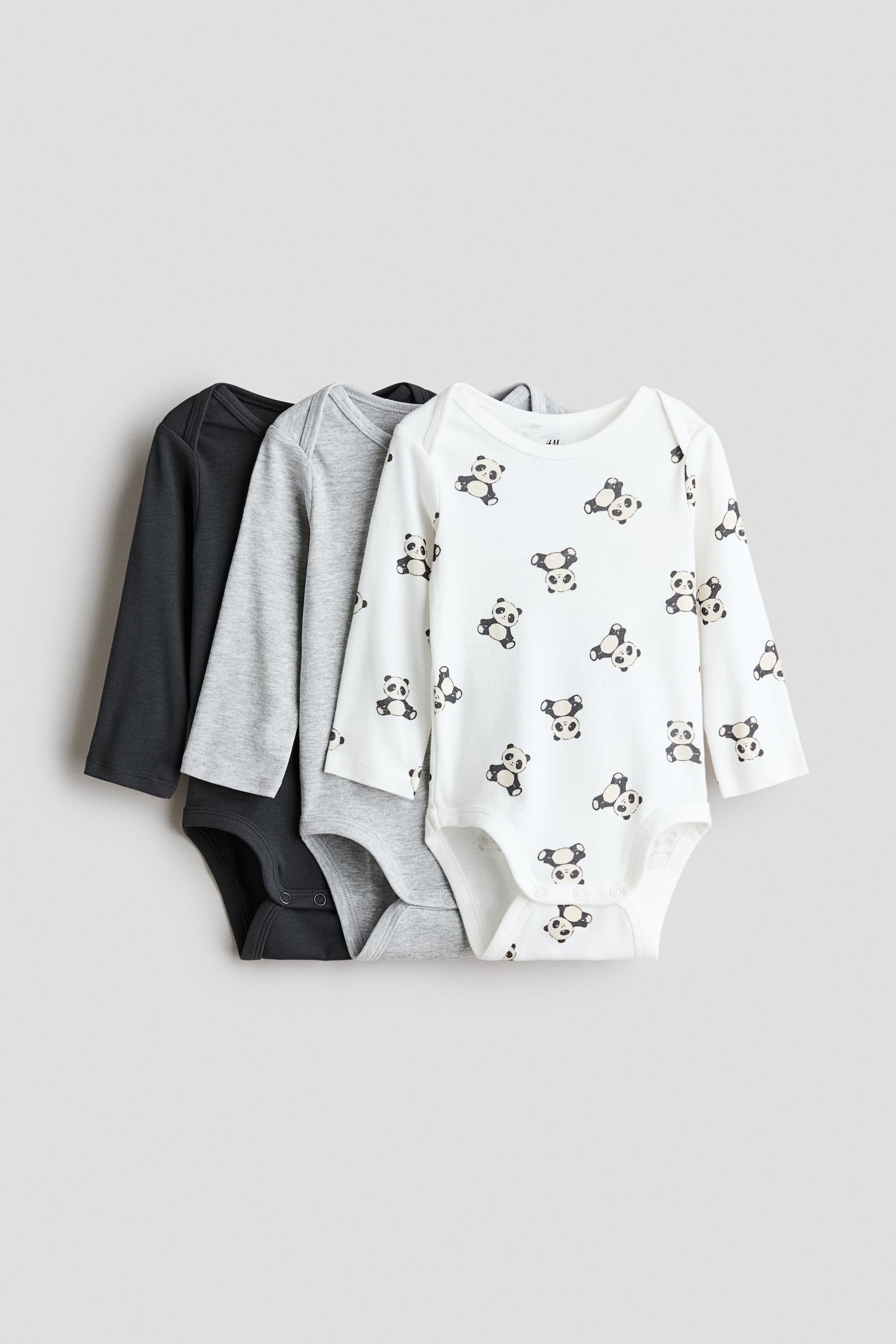 Bộ 3 bộ bodysuit bằng cotton có cổ kiểu phong bì - Màu xám nhạt đốm/Gấu trúc/Màu xanh dương khói/Khủng long