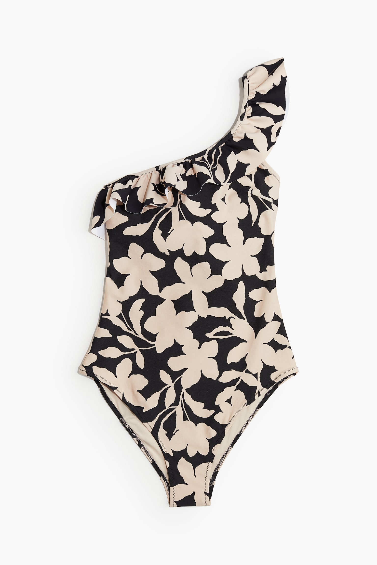 Padded Cup One Shoulder Swimsuit - Black/Beige pattern/Black - 2