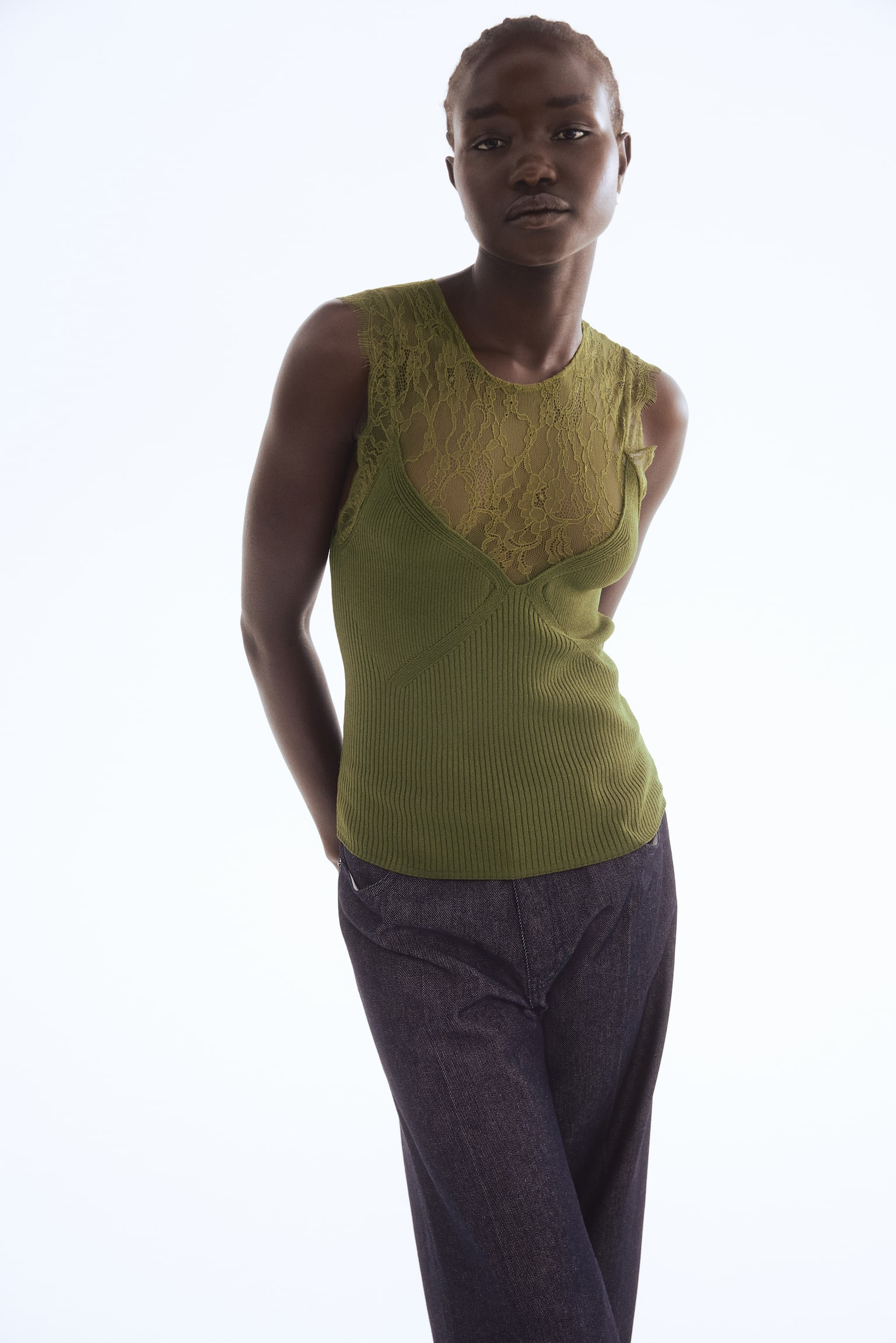 Lastik Örgülü Üst - Koyu yeşil/Krem - 4