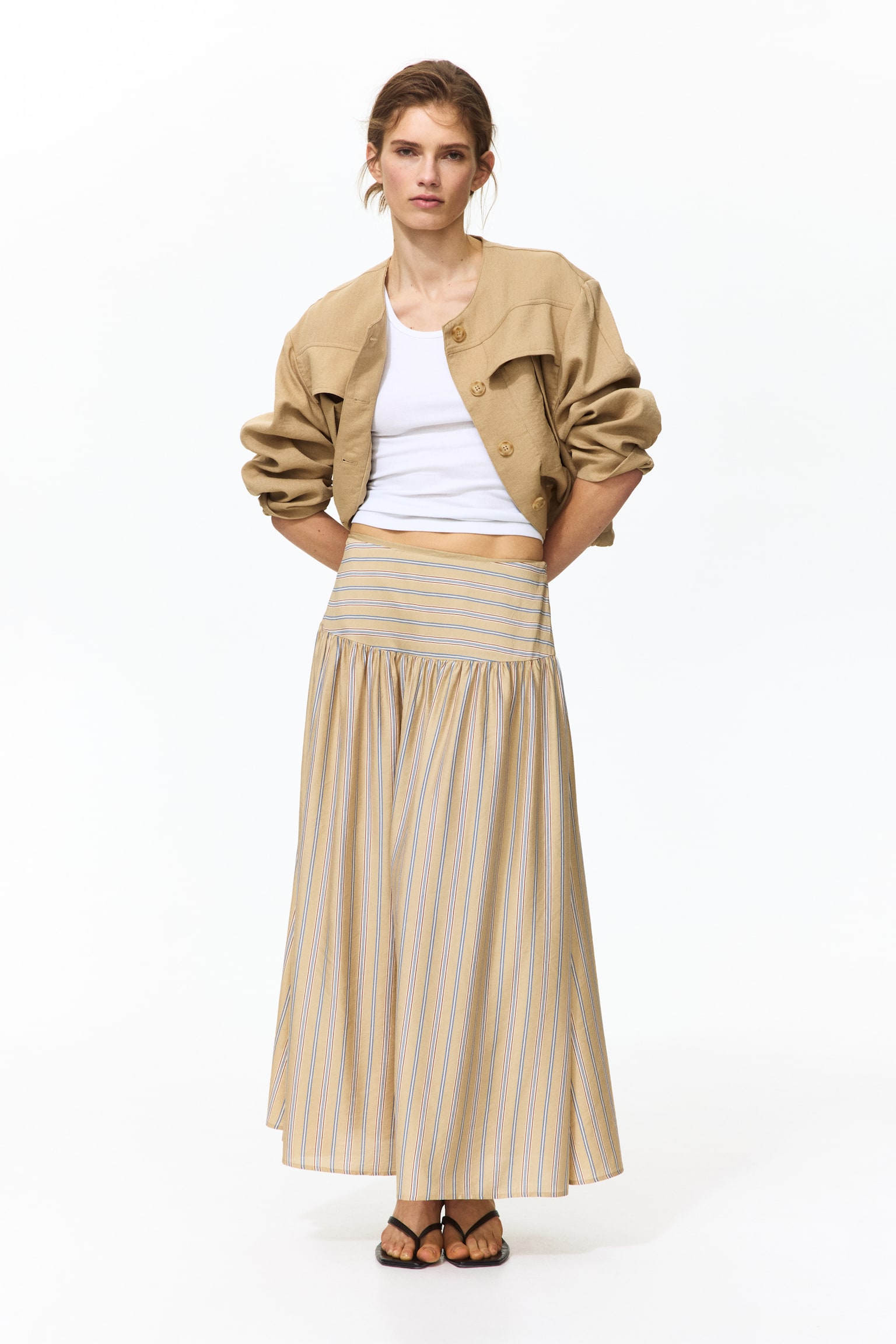 Женская юбка H&M Gathered Midi, цвет: Бежевый / Полосатый — фото 3