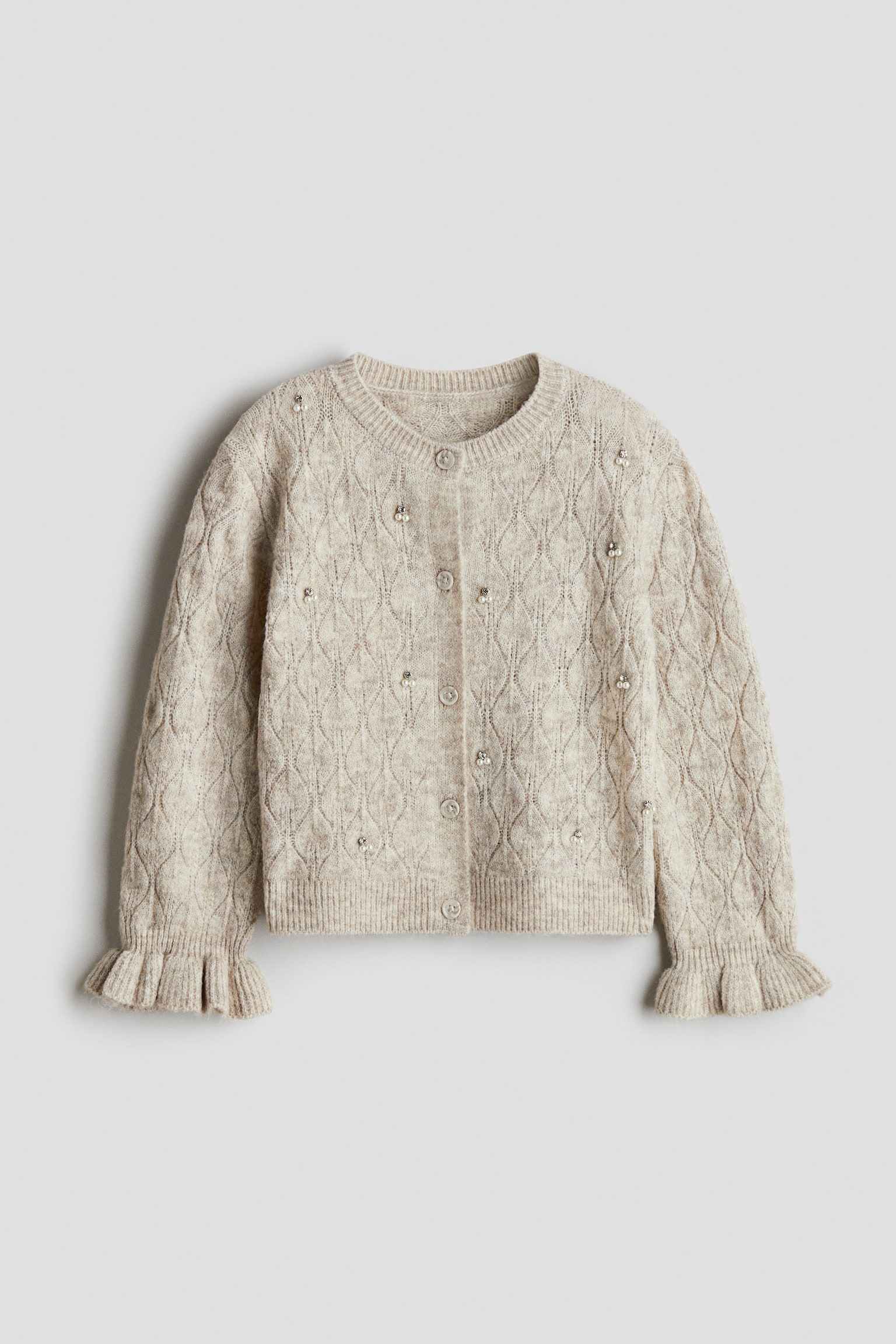 Embellished Pointelle-Knit Cardigan - Beige melange