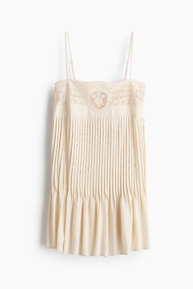 Lace-panel pintuck dress - Cream - 1