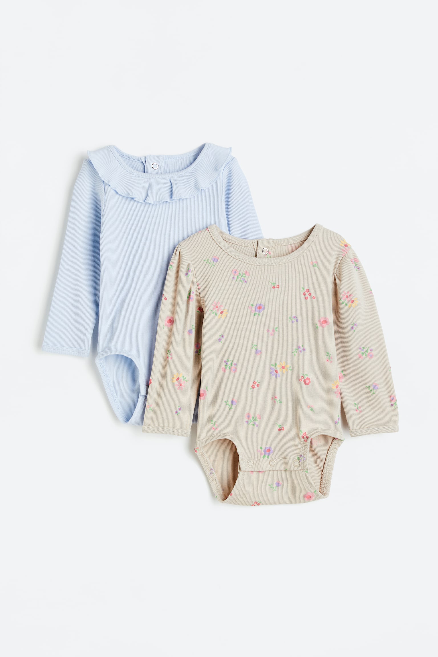 2-pack puff-sleeved bodysuits - Light beige/Flowers - 1