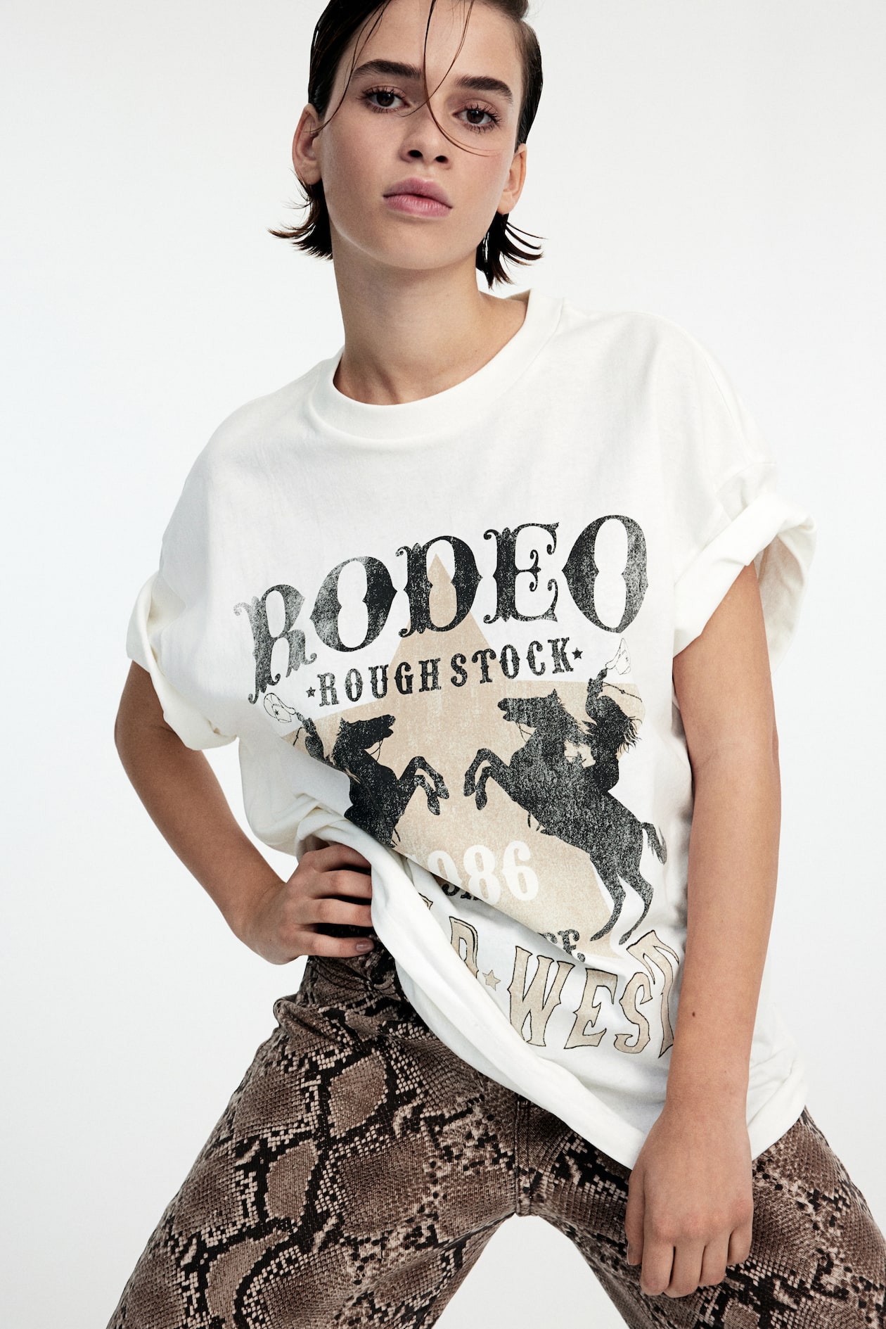 Oversized motif-detail T-shirt Cream/Rodeo Ladies H&M IN