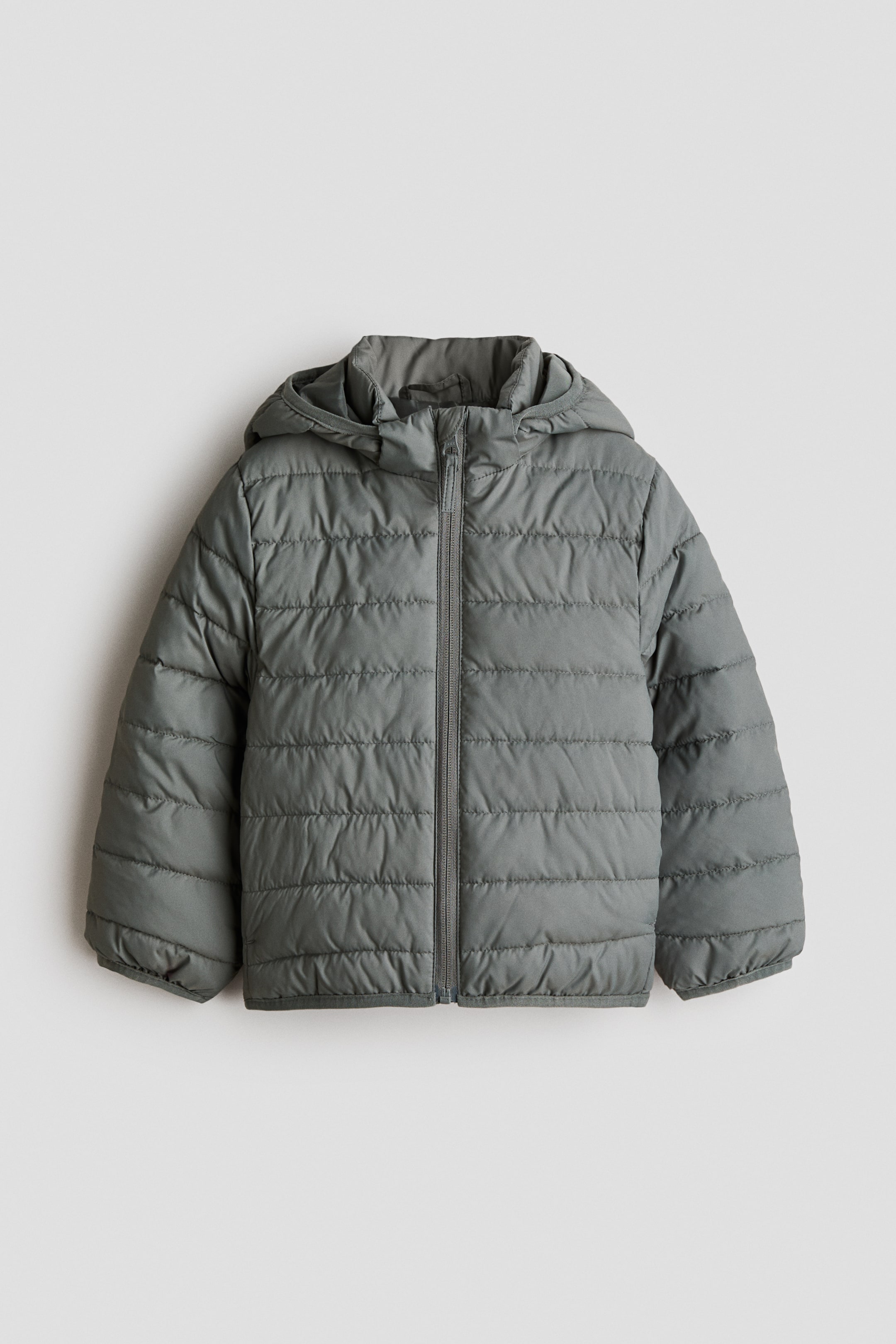 Visualizza immagine più grande: Una giacca trapuntata imbottita di un verde tenue è rivolta in avanti, caratterizzata da una chiusura con zip a tutta lunghezza, un colletto rialzato e un cappuccio con bordo elasticizzato. Presenta polsini e orlo elasticizzati.