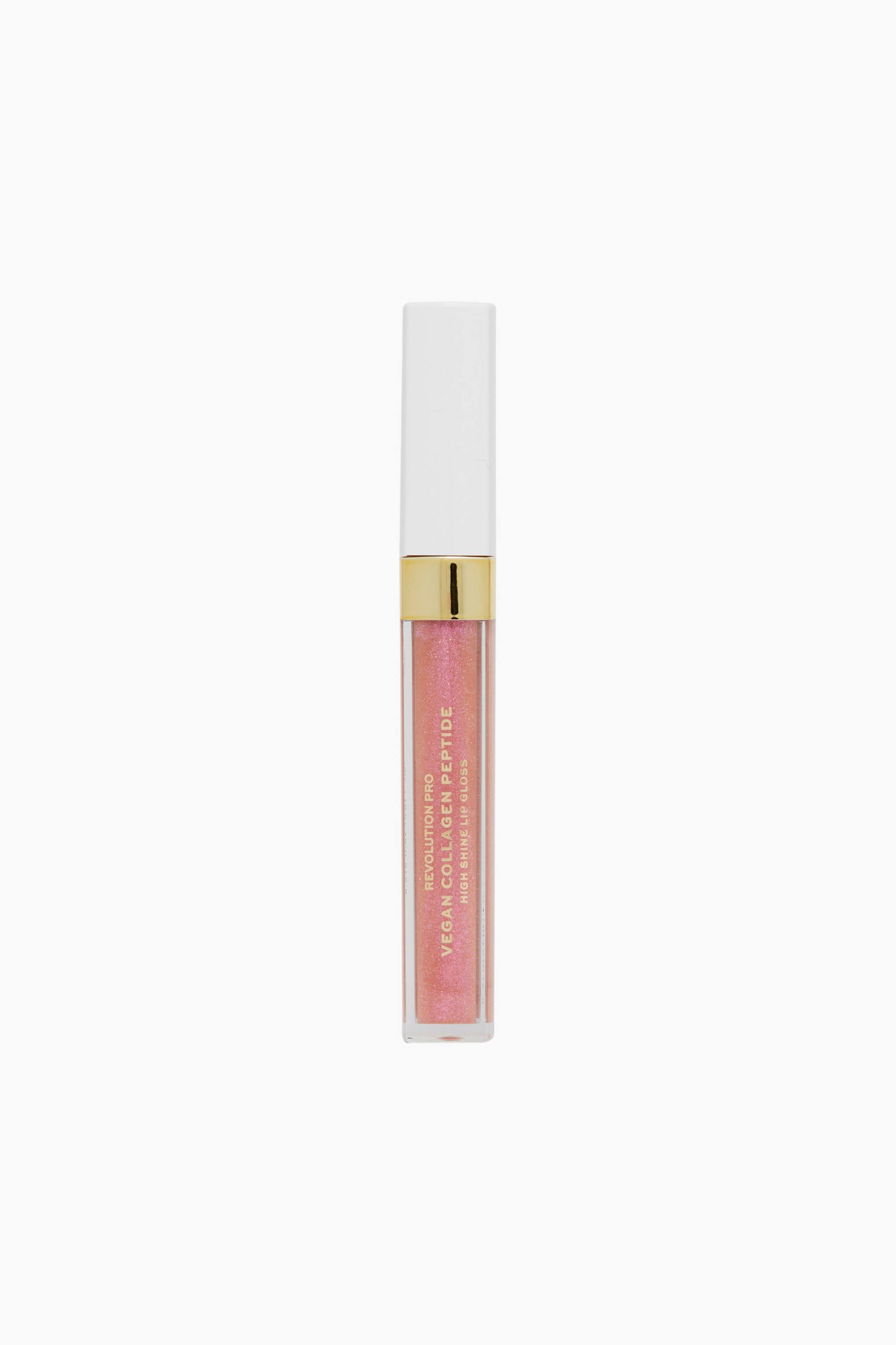 Größeres Bild ansehen: Ein Lipgloss-Tubing steht aufrecht und nach vorne ausgerichtet und zeigt einen transparenten zylindrischen Behälter, der mit einem schimmernden rosa Gloss gefüllt ist. Das Tubing verfügt über goldene Schrift, ein goldfarbenes Metallband am Hals und einen massiven weißen zylindrischen Deckel.