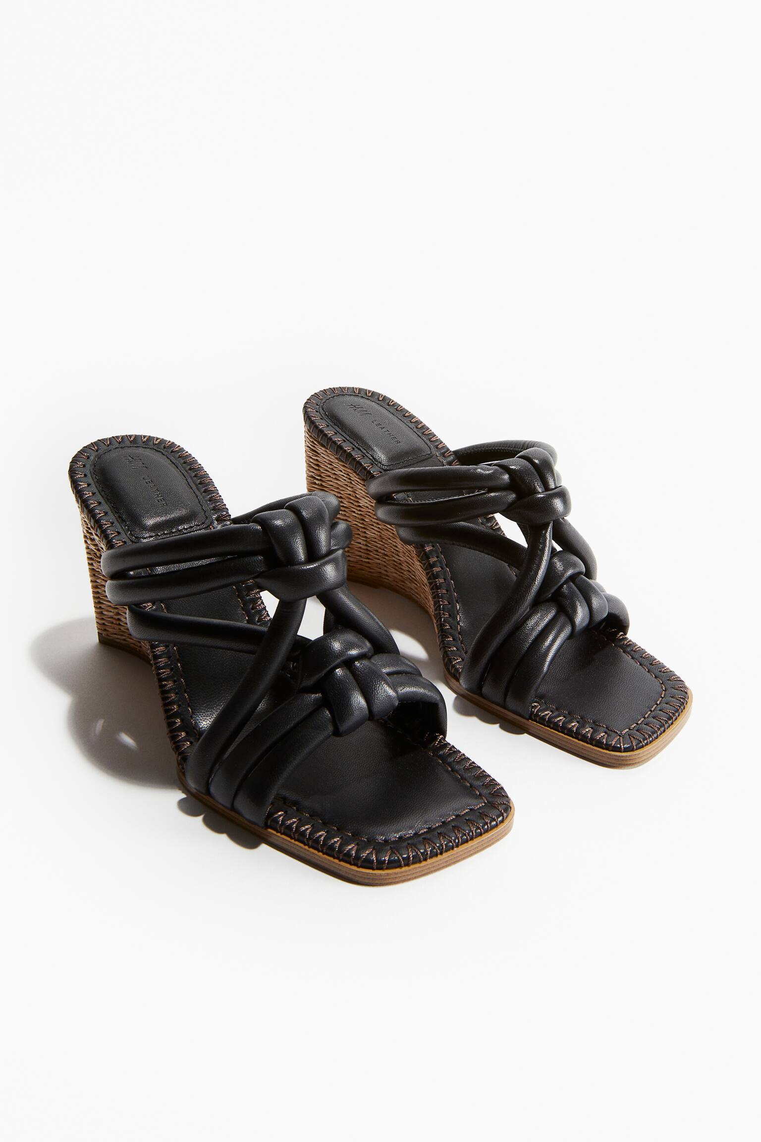 Wedge Heel Leather Sandals - Black - 4