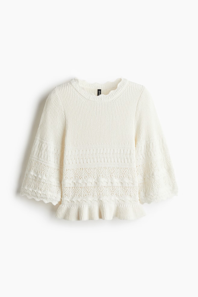Frill-trimmed pointelle-knit jumper - Cream/Black - 1
