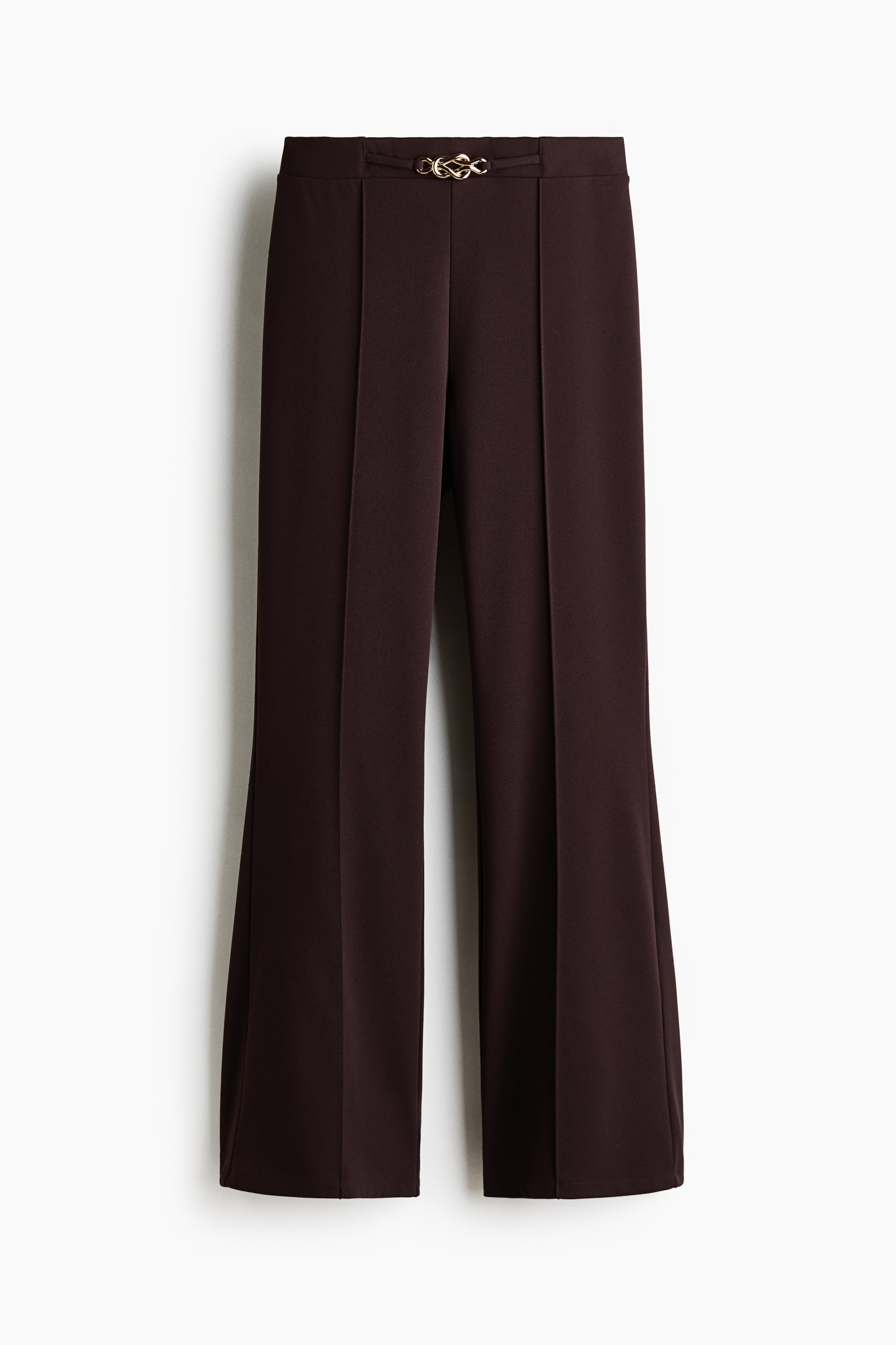 View larger image: The dark brown trousers are showcased from the front, featuring a wide-leg silhouette. They display a gold-toned decorative buckle at the center front waistband and pressed creases running down the center of each leg.
