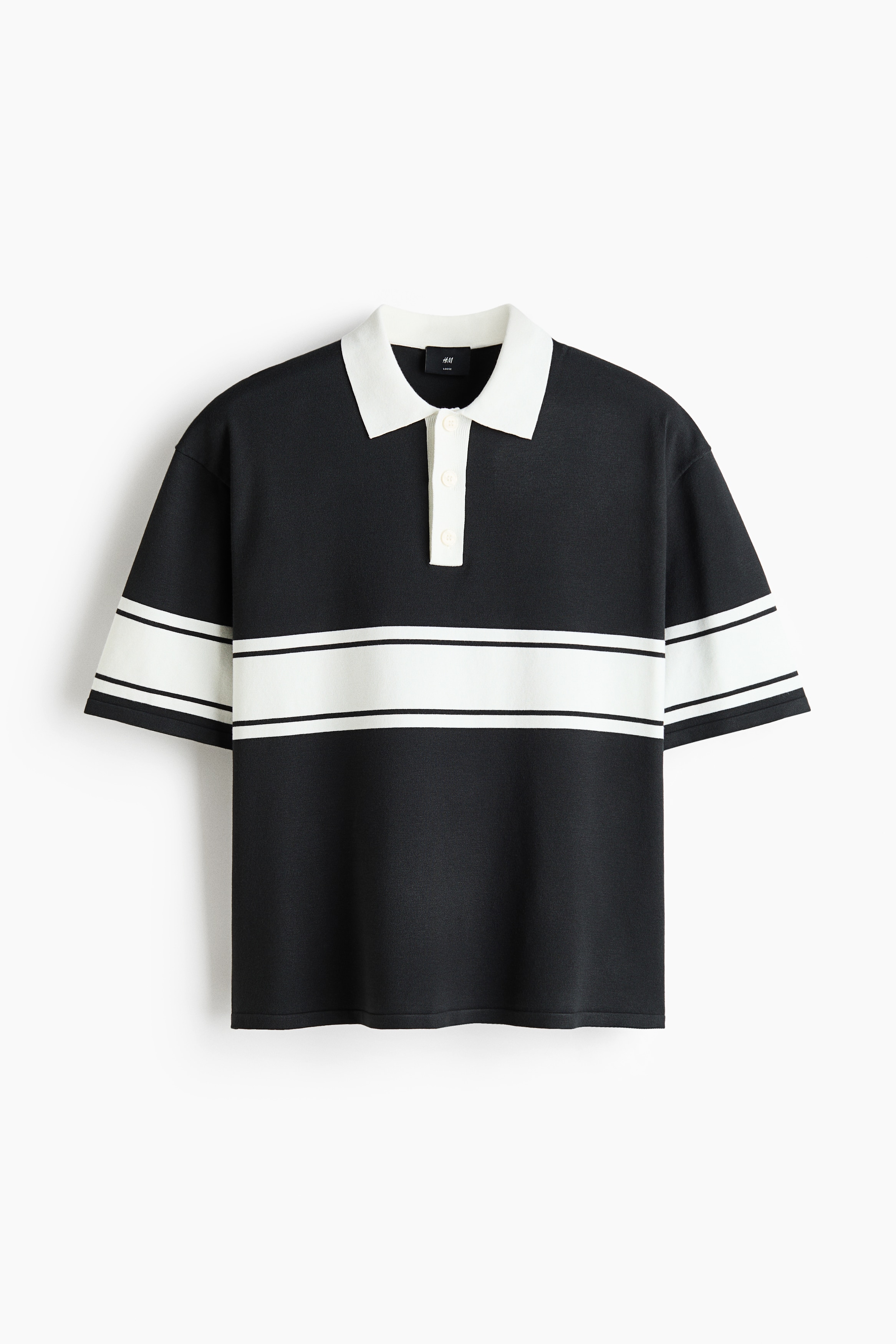 Loose-Fit Polo Shirt - Black/color block/Ivory/color block/Green/striped/Black/white striped