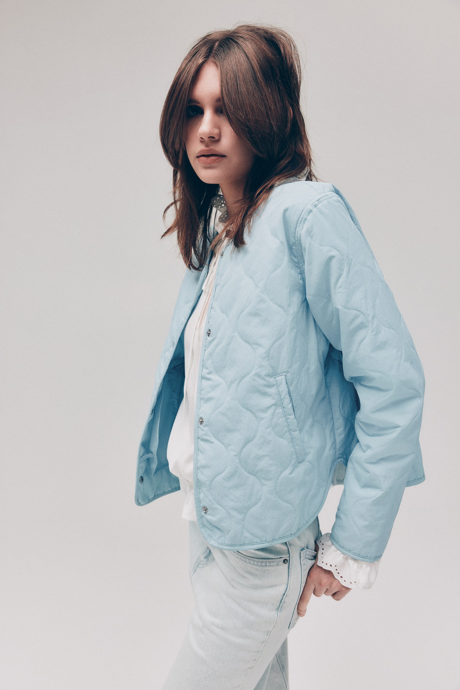 Quilted nylon jacket - Light blue/Powder pink/Dark brown - 3