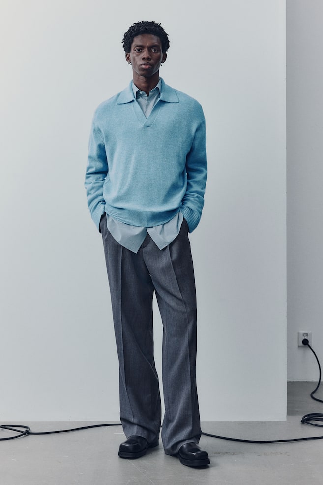 Wool-Blend Polo Sweater - Aqua blue/Beige melange - 2