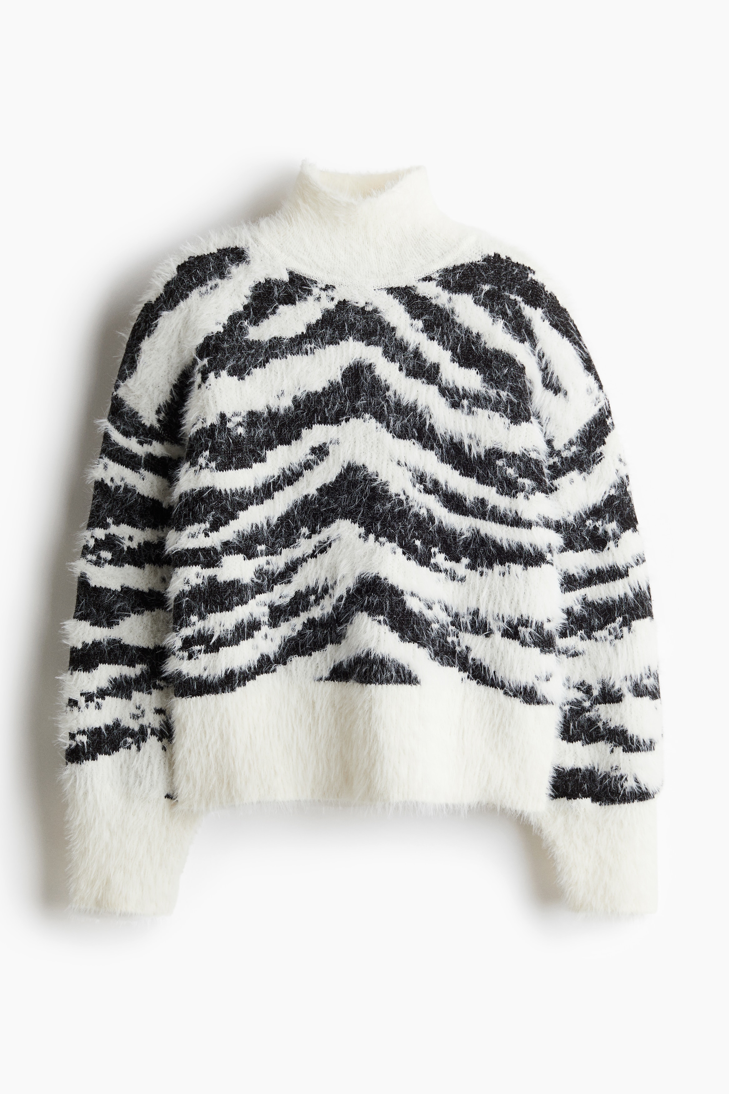 Fluffy-Knit Mock Turtleneck Sweater - Cream/zebra print - Ladies