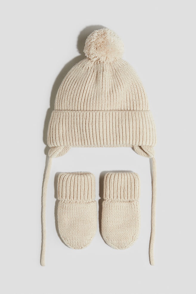2-teiliges Set mit Beanie und Fäustlingen - Hellbeige/Weiss/Hellgrau - 1